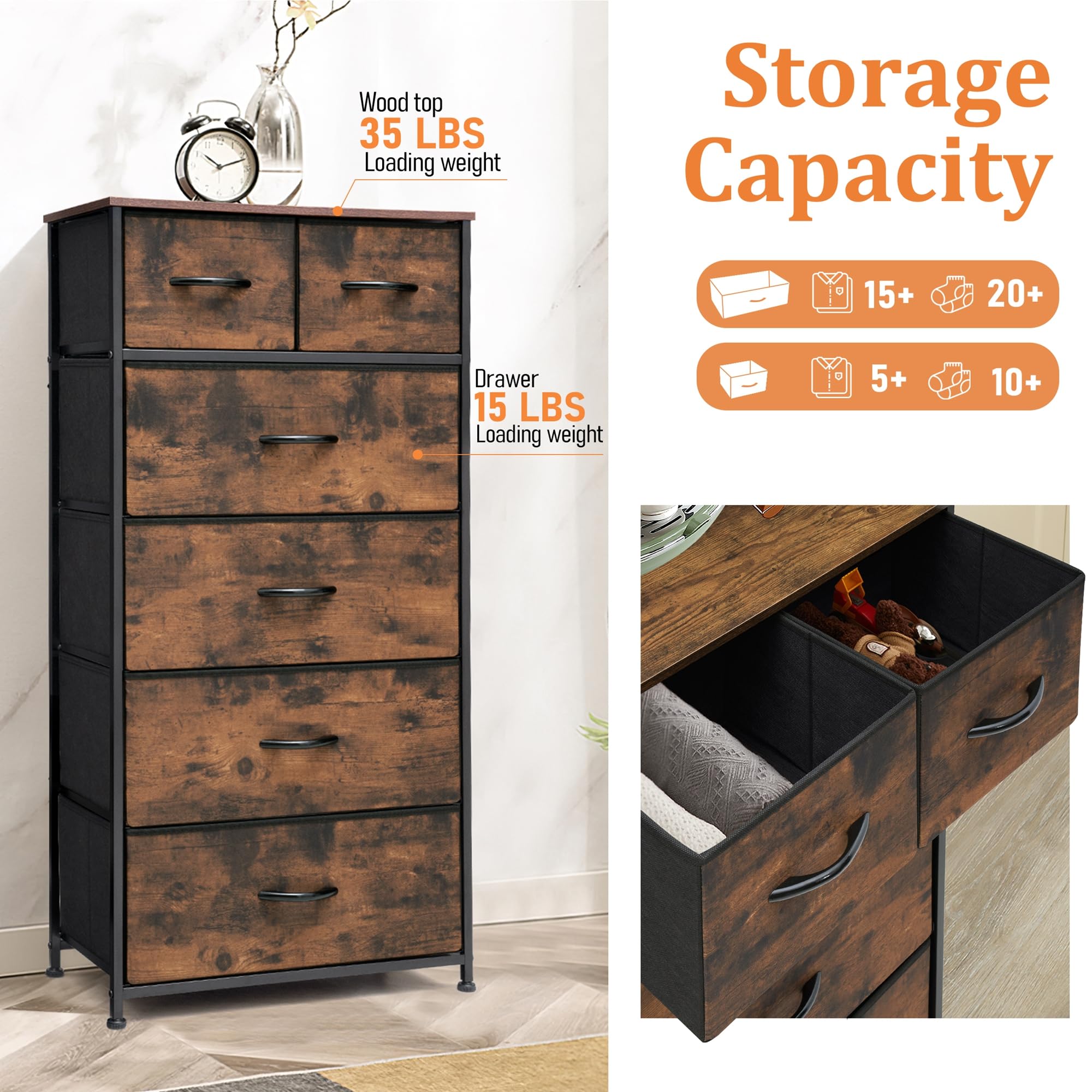 6-Drawer Tall Skinny Dresser for Bedroom - Rustic Brown Wooden Top Steel Frame Storage Organizer Tower | Perfect for Closet, Living Room & Hallway Organization | Space-Saving Furniture for Small Apartments & Dorm Rooms