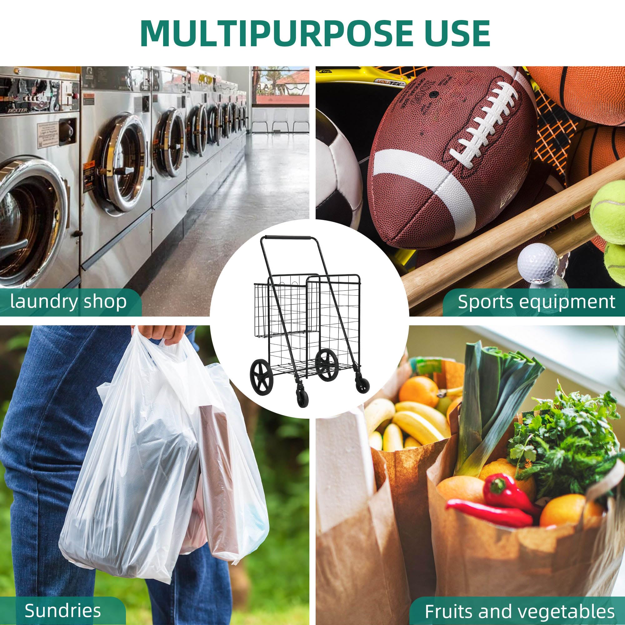 YITAHOME Extra Large Folding Shopping Cart with Wheels - Heavy Duty Rolling Grocery Cart with Double Basket, Portable Collapsible Utility Cart for Supermarket, Laundry & Storage - Ideal for Grocery Shopping, Apartment Living & Home Organization