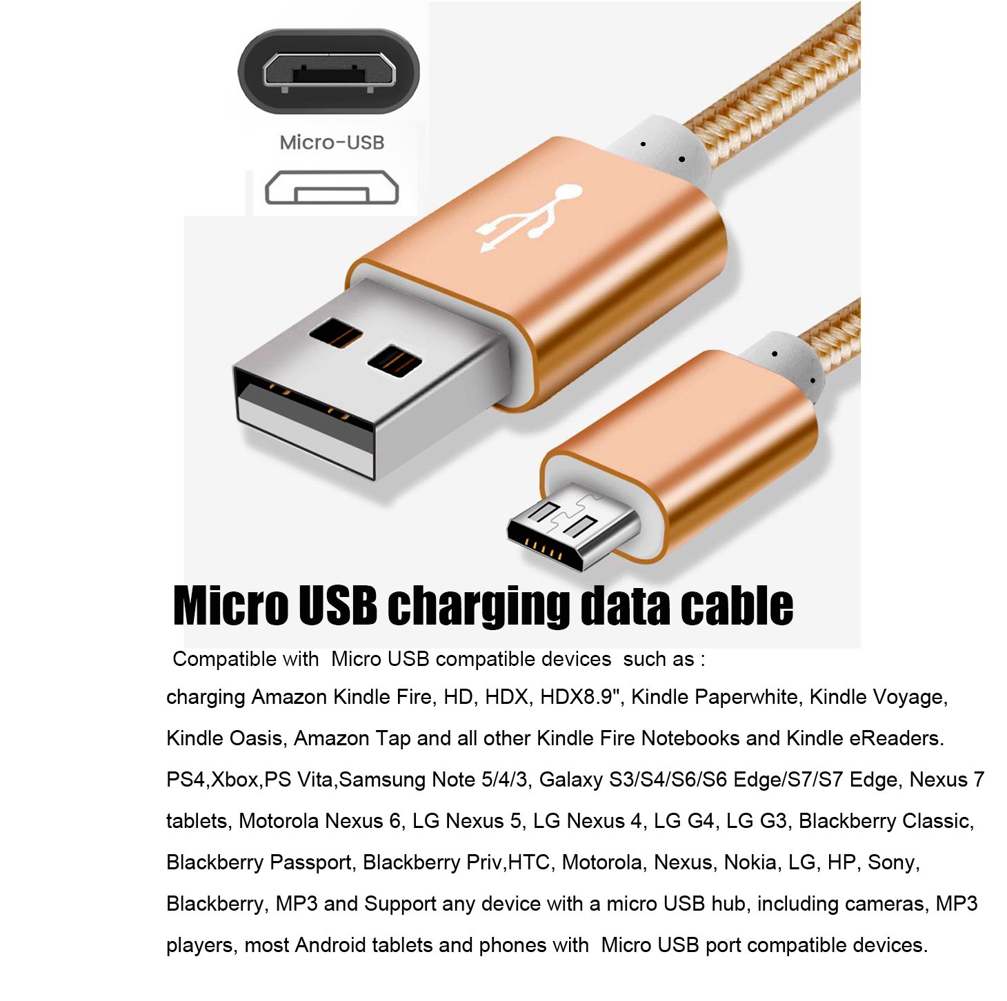 3-Pack Gold Micro USB Cable - Fast Charging & Data Sync Cord for Kindle Fire, Kindle Touch, Kindle HD, Kindle HDX, Paperwhite, Voyage, Oasis & Amazon Tap - Also Works with Nextbook M902R M907 - Ideal for Home, Office, Travel & Car Charging - Durable & Tangle-Free Design for Daily Use