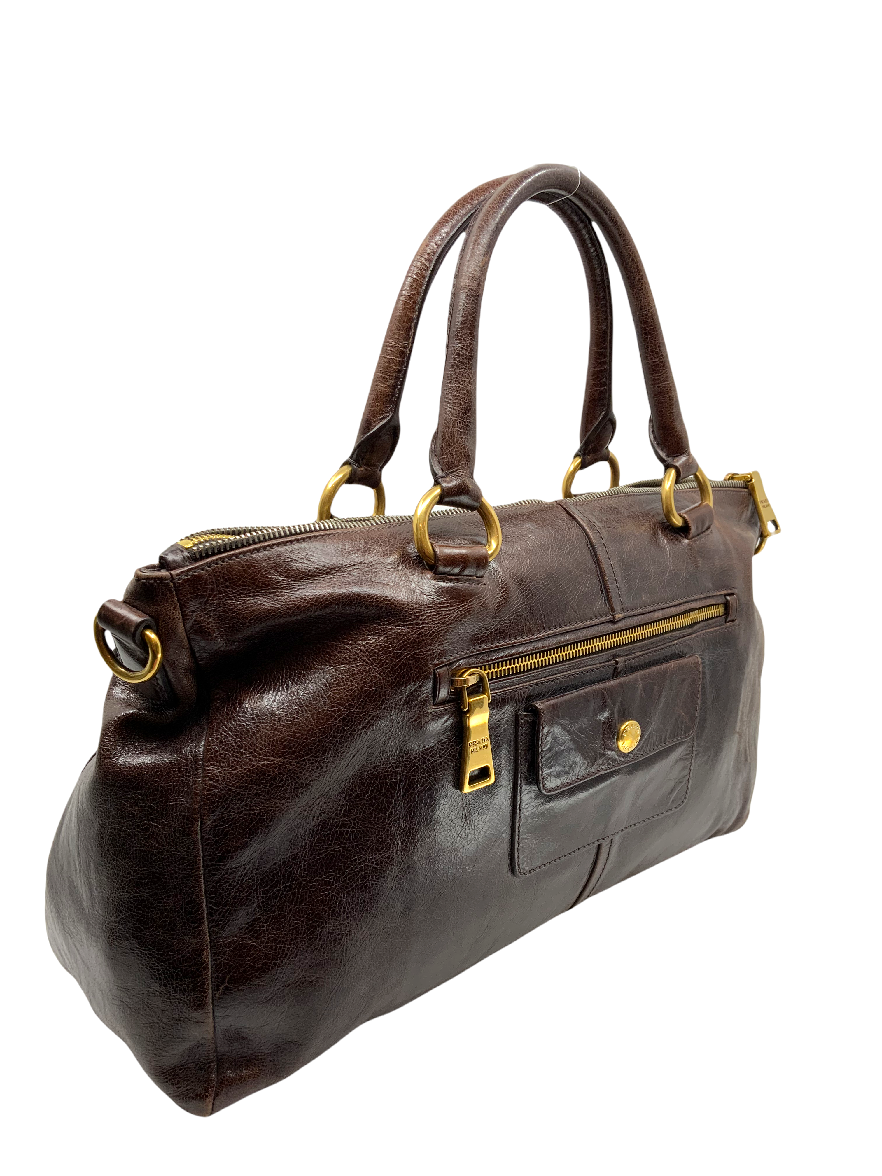 Prada Glazed Leather Front Zip Satchel with Adjustable Shoulder Strap - Luxury Crossbody Bag for Women, Perfect for Work, Travel & Everyday Use