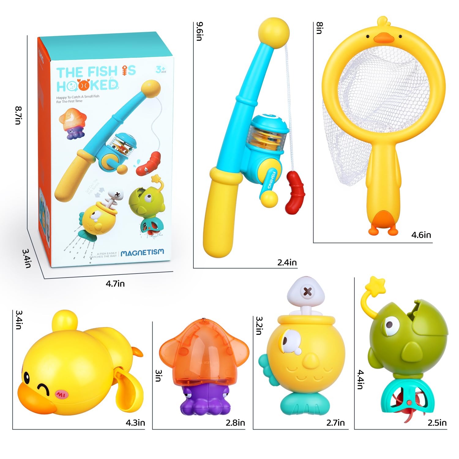 Best Baby Bath Toys for Toddlers 1-3 Years - Magnetic Fishing Game Set with Floating Wind-Up Toys, Fishing Net & Rod - Fun Bathtub & Pool Water Toys for Kids - Perfect for Sensory Play, Motor Skills Development & Bath Time Fun
