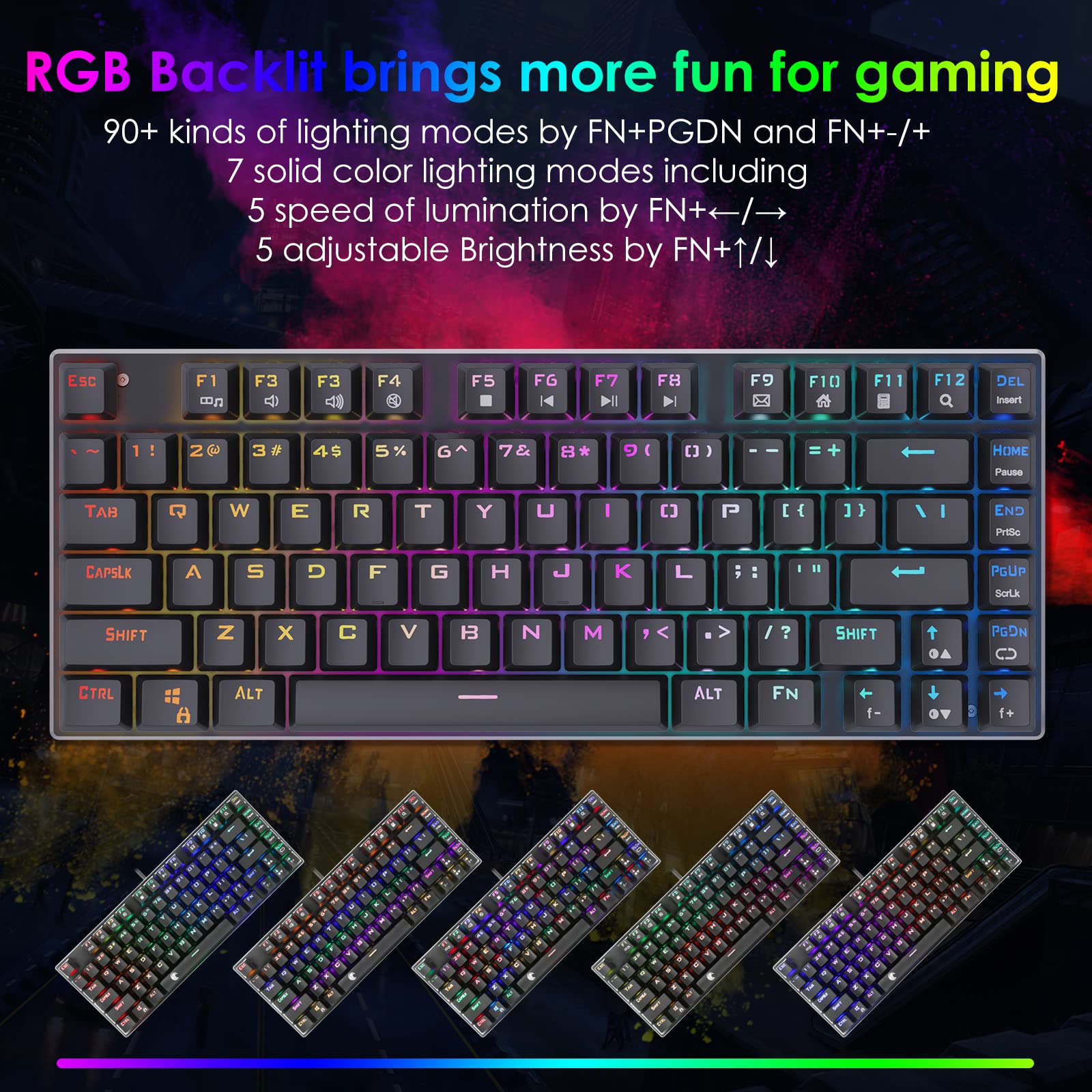 HUO JI E-Yooso Z-88 RGB Mechanical Gaming Keyboard - 81 Key Compact Design with Metal Panel & Hot-Swappable Brown Switches for Mac/PC (Black) - Perfect for Gaming, Office Work & Typing Enthusiasts