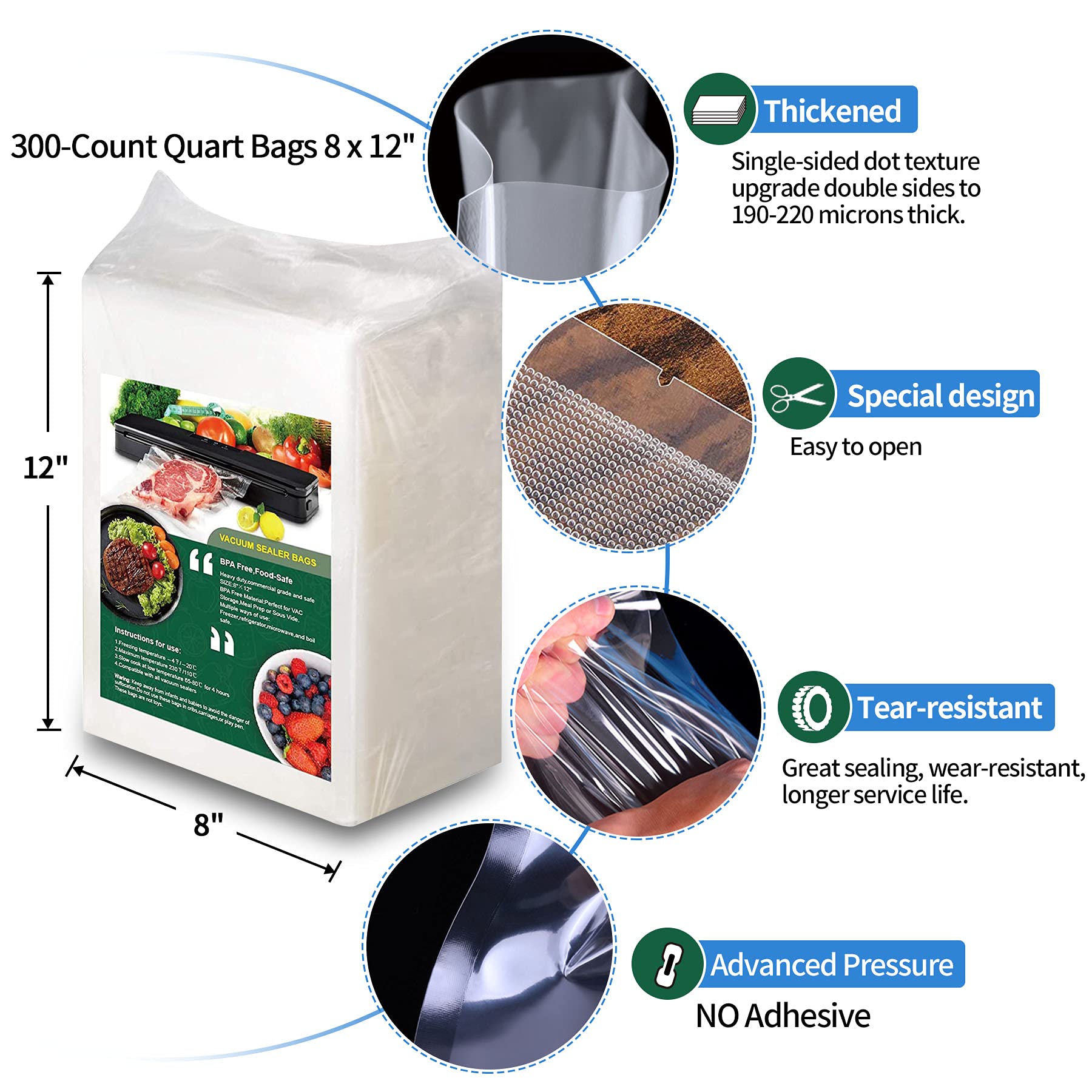 AENTGIU 300-Count BPA Free Vacuum Sealer Bags 8x12 Inch - Thick Commercial Grade Sous Vide Bags for Food Saver, Seal a Meal & All Vacuum Machines - Perfect for Meal Prep, Sous Vide Cooking & Long-Term Food Storage