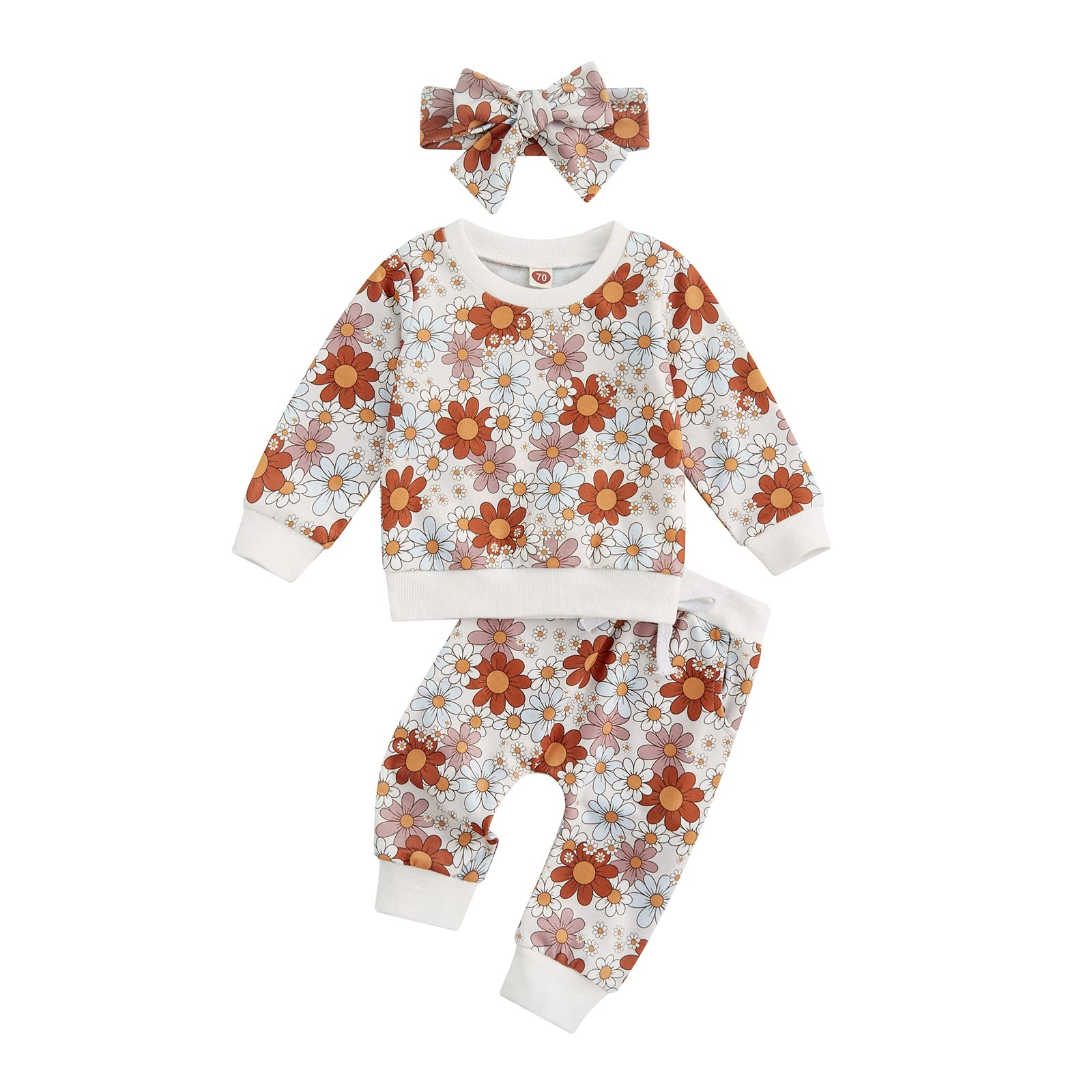 3Pcs Baby Girl Outfits Set - Daisy Print Sweatshirt, Pants & Headband | Soft Cotton Winter Clothes for Infants 0-24 Months | Perfect for Fall Photoshoots, Playdates & Holiday Gifts
