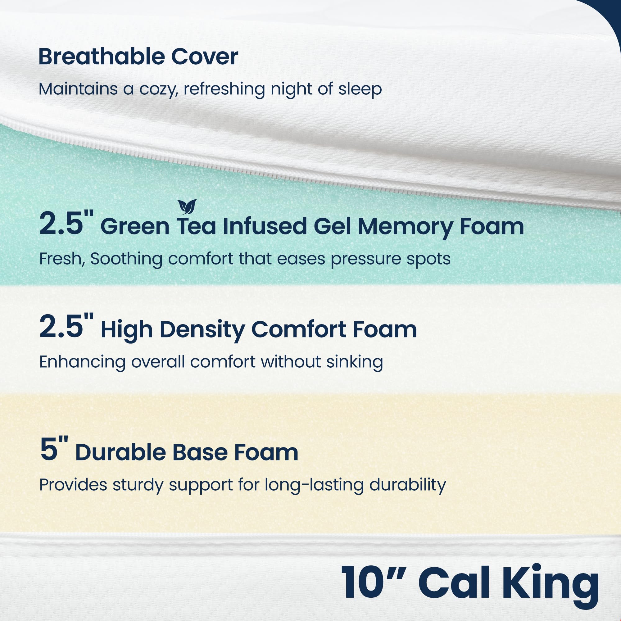 10 Inch California King Cooling Gel Memory Foam Mattress - Medium Firm Green Tea Infused for Pressure Relief, CertiPUR-US Certified, Fiberglass-Free - Perfect for Hot Sleepers & Back Pain Relief (Mattress-in-a-Box for Adults & Kids)