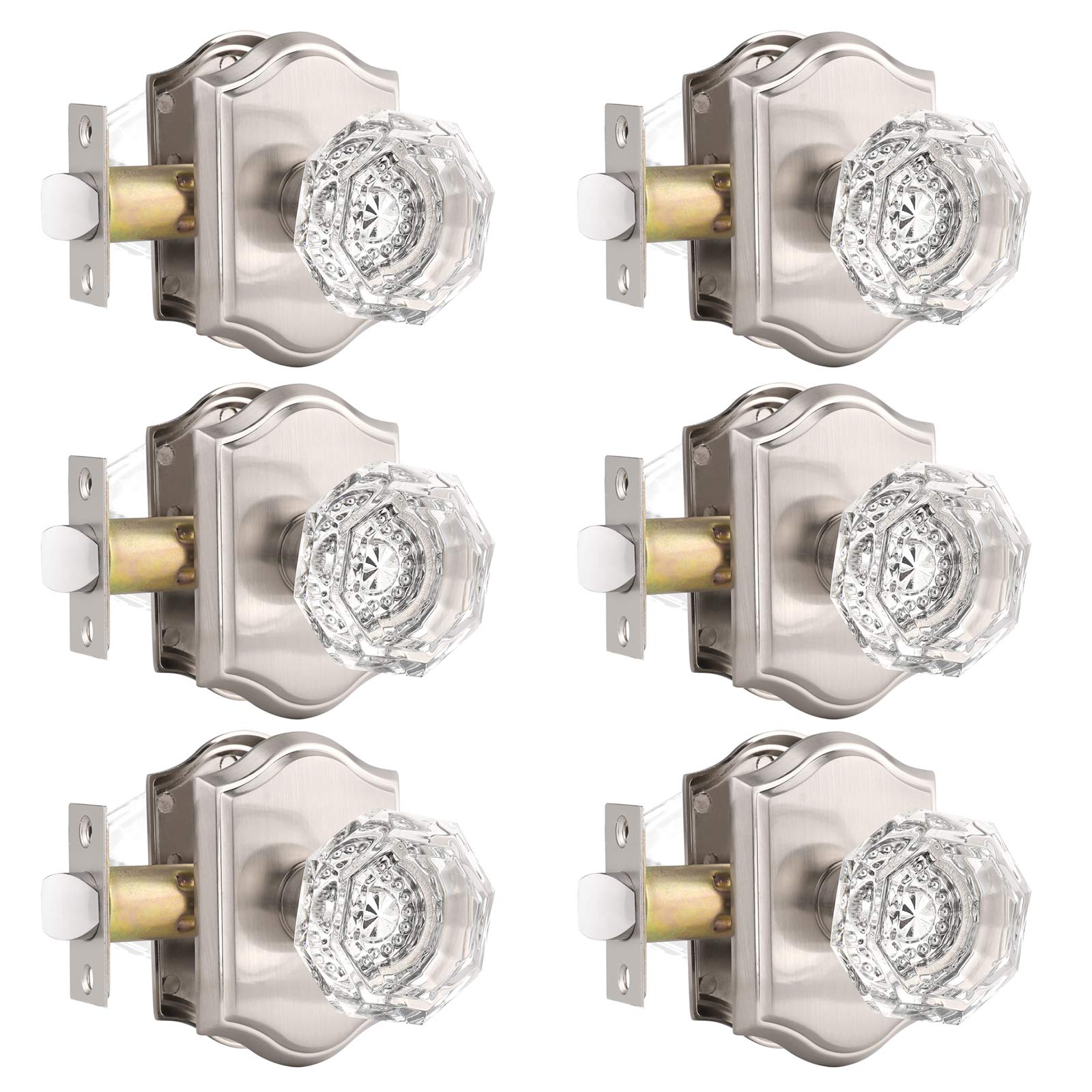 Gobrico Satin Nickel Door Knobs with Crystal Glass - 6 Pack Octagon Ball Style Keyless Entry Hall & Closet Door Handles - Perfect for Bedroom, Bathroom, and Interior Doors