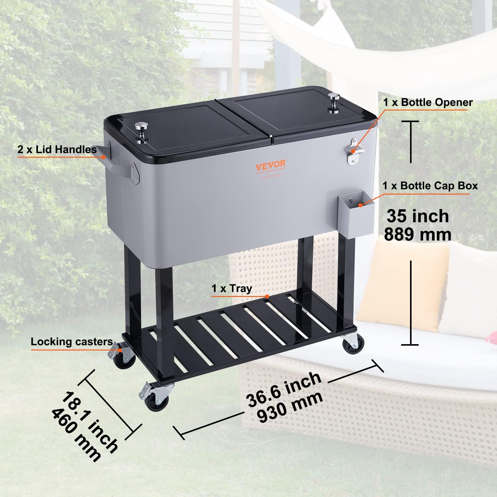 VEVOR 80 Quart Rolling Ice Chest Cooler Cart with Wheels & Handles - Portable Beverage Cooler for Drinks, Beer, Wine - Outdoor Bar Cart for Patio, Backyard, Pool Parties, Camping & Tailgating - Includes Bottle Opener (Silver)