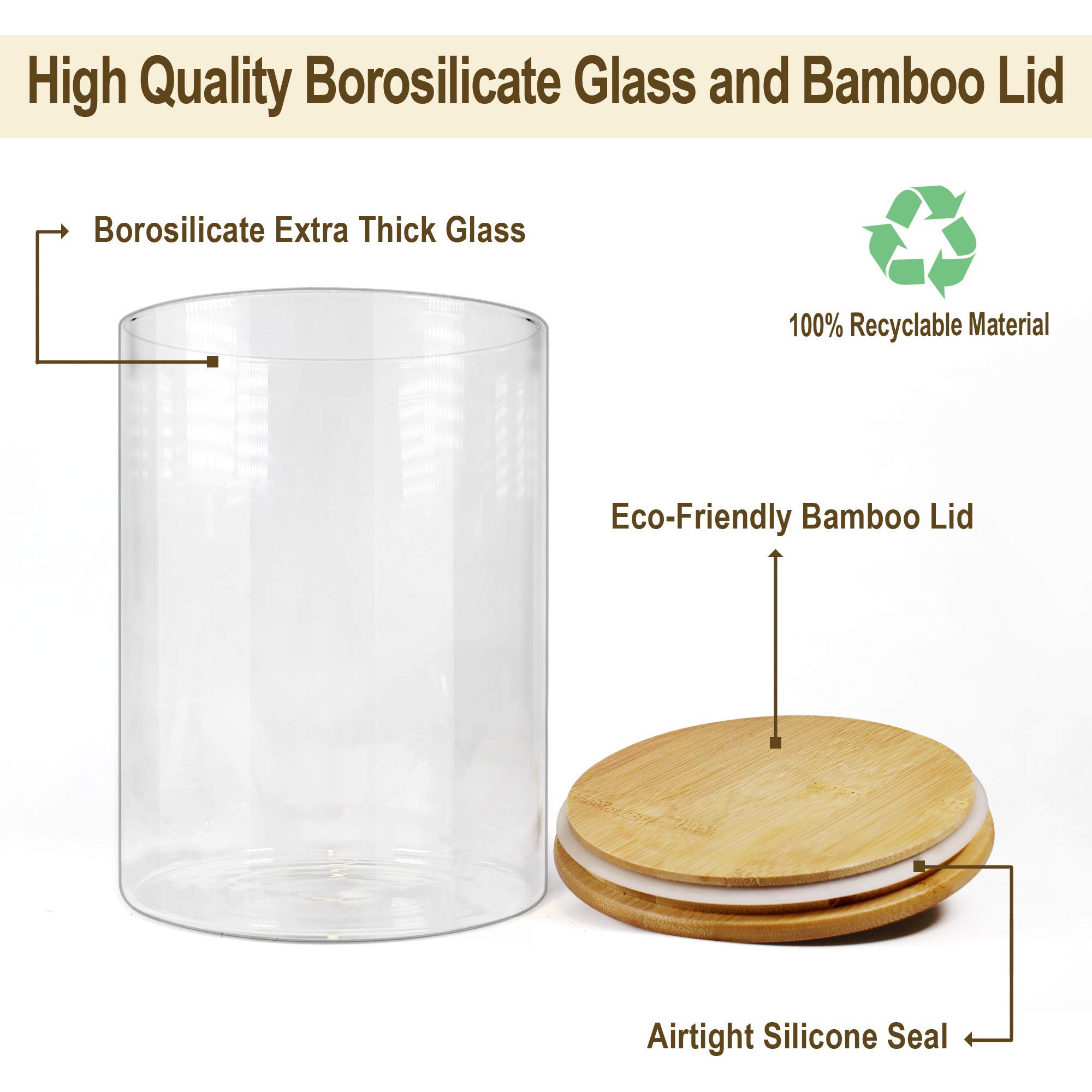 Airtight Glass Jars with Bamboo Lids - 100oz Large Food Storage Containers Set for Flour, Sugar & Pantry Organization - Perfect for Kitchen, Baking & Bulk Food Storage