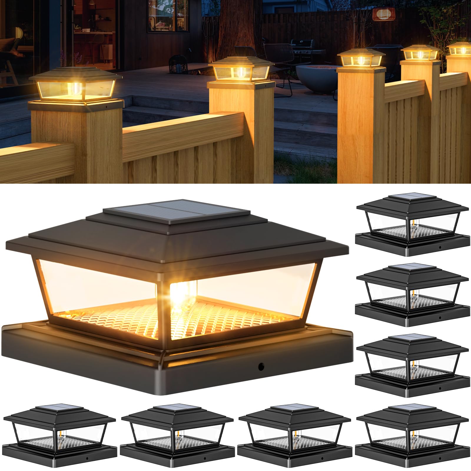 BTFarm 8 Pack Solar Post Cap Lights - 2 Modes Waterproof Outdoor Solar Lights for Fence & Deck Posts (Fits 4x4 & 6x6 Vinyl/Wooden Posts) - Perfect for Patio, Garden, Pathway & Backyard Lighting