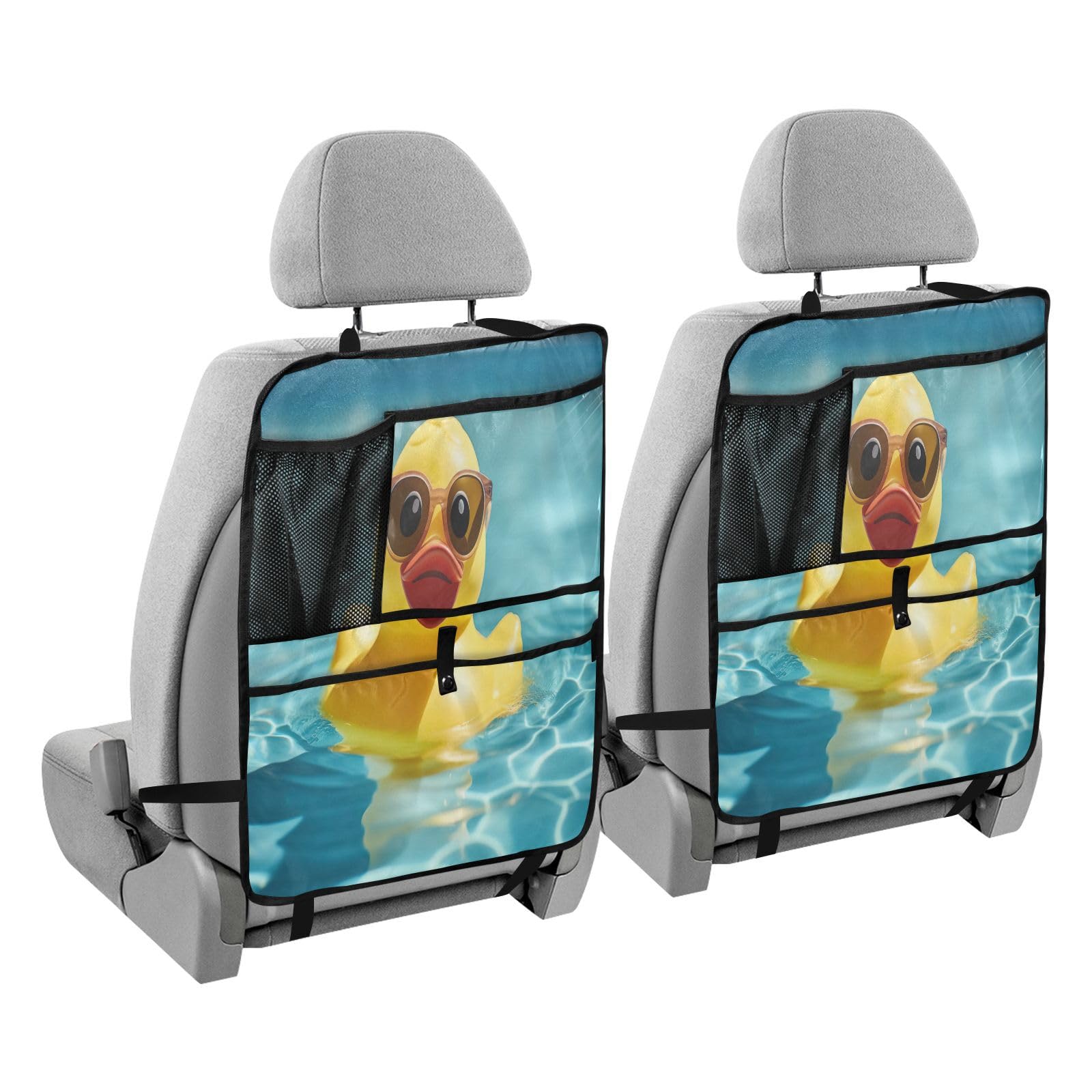 Stylish Rubber Duck with Sunglasses Car Seat Protector - Waterproof Back Seat Organizer with Storage Pockets, Anti-Slip Kick Mats for Kids - Perfect for Family Road Trips & Child Safety
