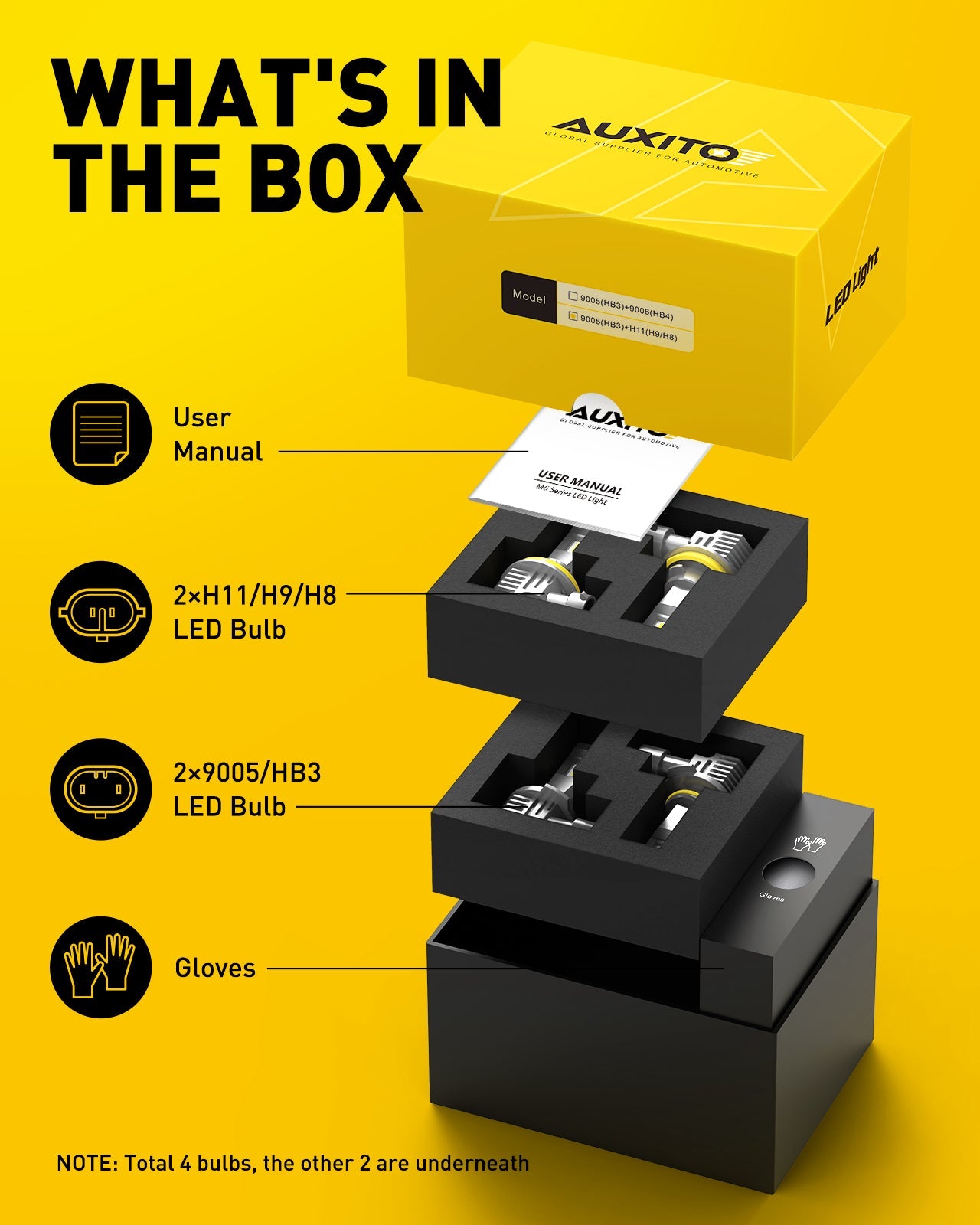 AUXITO 9005/HB3 H11/H8/H9 LED Bulb Combo - 9000LM 6500K Cool White, 40W Fanless, 2 Pairs - Perfect for Car Headlights, Fog Lights & Off-Road Lighting
