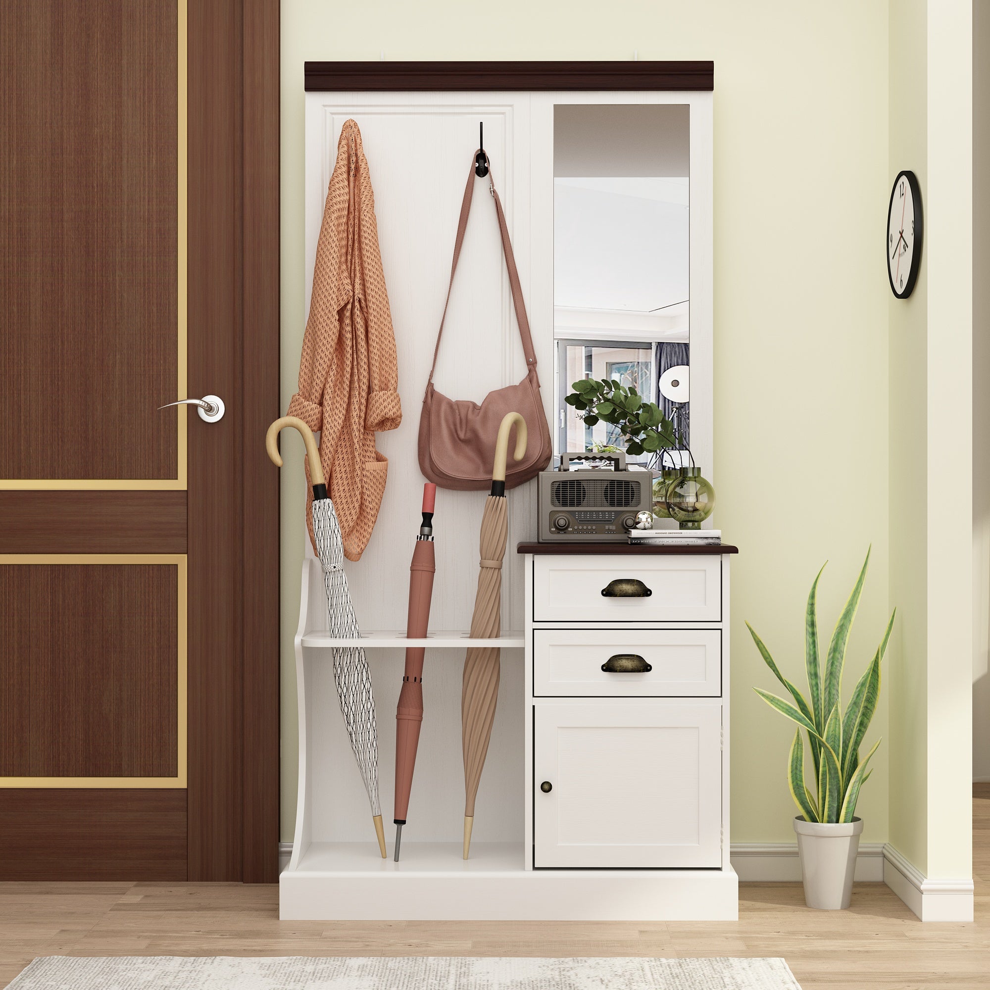 Modern Hall Tree with Dressing Mirror & Umbrella Stand - Entryway Storage Bench with Shoe Rack for Home Organization | Perfect for Foyers, Mudrooms & Small Spaces