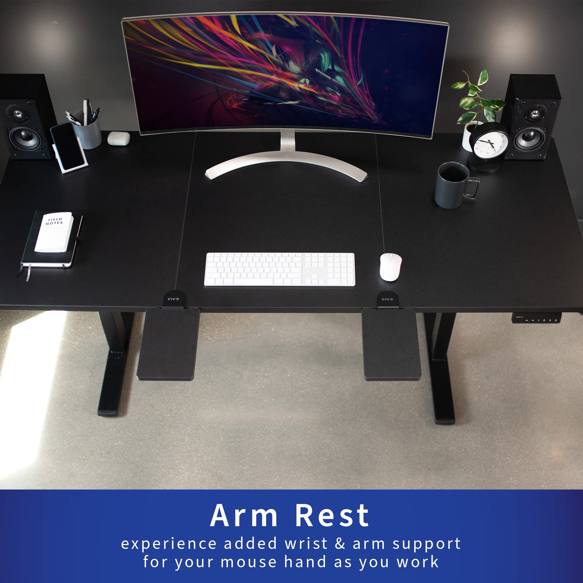VIVO Clamp-on 6 x 9 inch Desk Extender with Wrist Support - Black Adjustable Armrest Tray for Sit Stand Desks (Includes 11 Clamps) | Perfect for Office Work, Gaming & Home Workspace Ergonomics