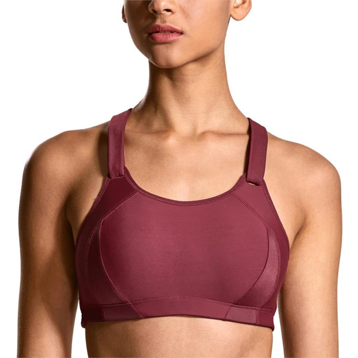 Adjustable Wire-Free Sports Bra for Women - Lightly Padded Racerback High Impact Support (Red Wine, Size 36D) - Perfect for Running, Gym Workouts & High-Intensity Training