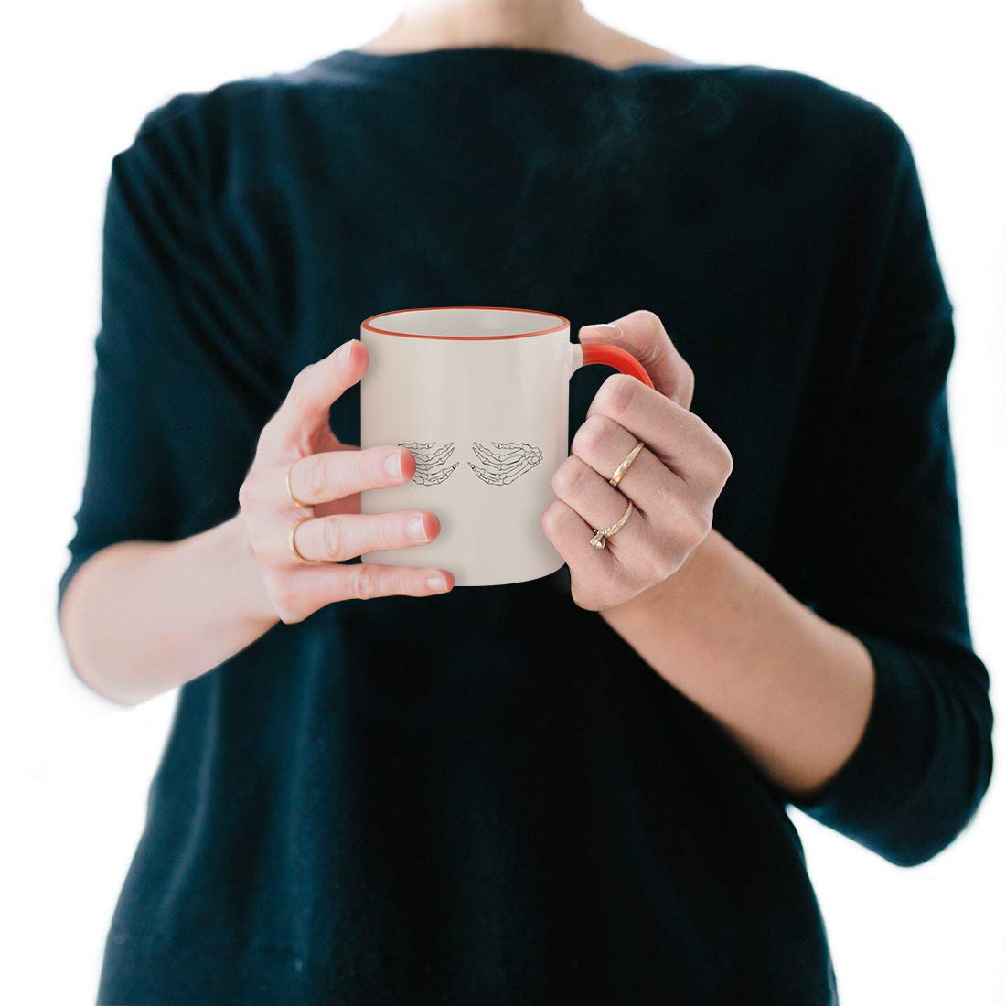 Funny Skeleton Hands Coffee Mug - 11oz Red Handle Ceramic Cup for Halloween, Gifts & Office Humor | Perfect for Coffee, Tea & Hot Beverages