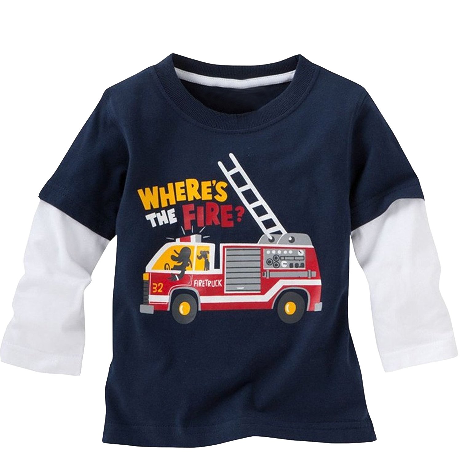 Fire Truck Shirts for Kids & Toddler Boys - Navy Blue Long Sleeve T-Shirt | Fun Playwear for Preschool & Birthday Parties