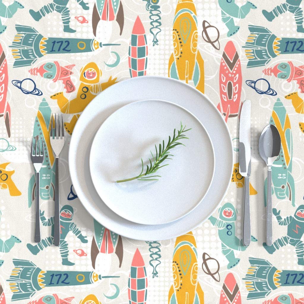 Rocket Man Spaceship Astronaut Moon Cotton Sateen Tablecloth 70x144 Inches - Custom Outer Space Print Retro Style Home Decor for Dining Room, Kitchen & Party Decorations