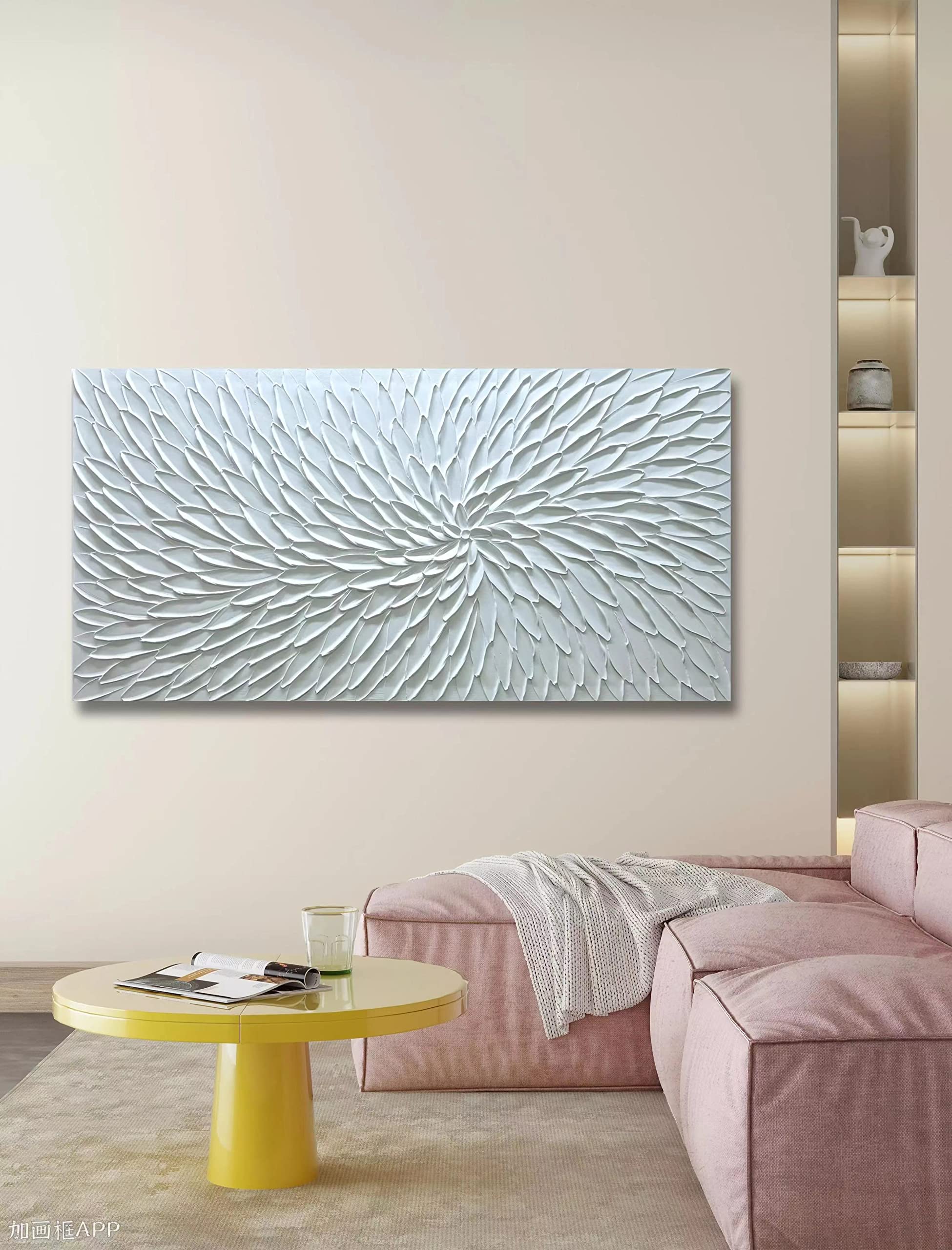 Yika Art Hand Painted Abstract Oil Painting on Canvas - Modern White Flower Thick Texture Wall Art Decor 30x60 inches - Perfect for Living Room, Bedroom & Office Decor