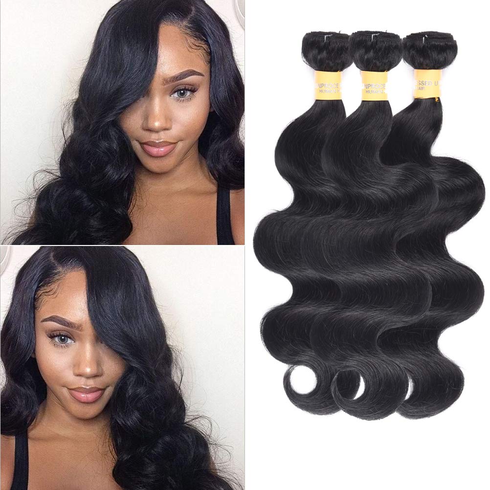 Premium 100% Virgin Peruvian Human Hair Bundles - Natural Black Body Wave Hair Weaves (3 Bundles, 9A Quality) - 14