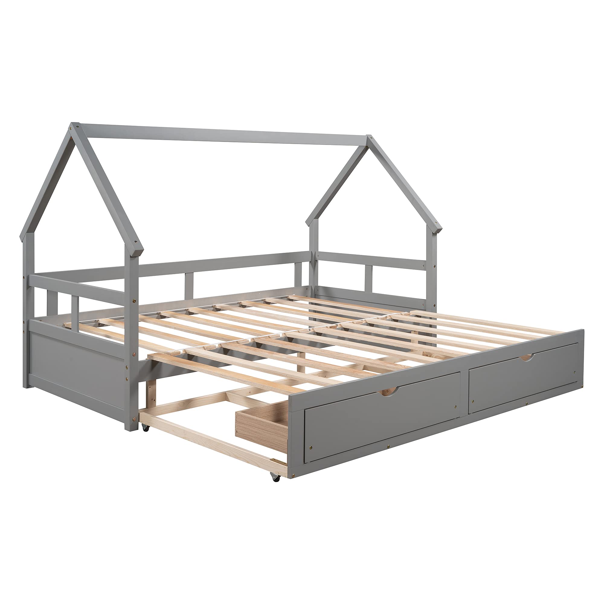 Wooden House-Shaped Daybed with Trundle & 2 Drawers - Kids & Teens Bed Frame with Roof - No Box Spring Needed - Gray - Perfect for Bedrooms, Playrooms & Sleepovers