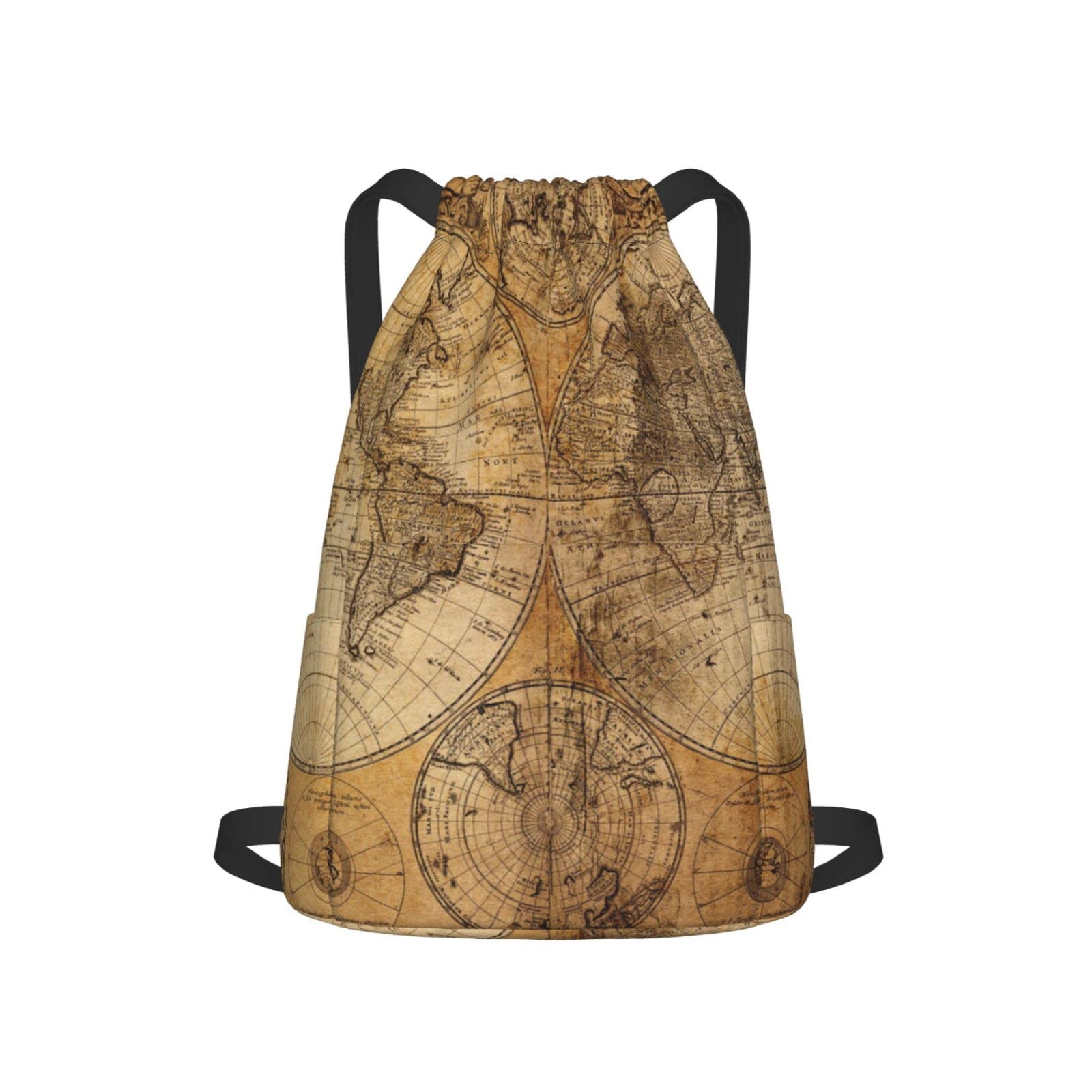 World Map Drawstring Backpack - Lightweight Gym Bag with Side Pockets for Outdoor Sports, Travel, Hiking & School Use