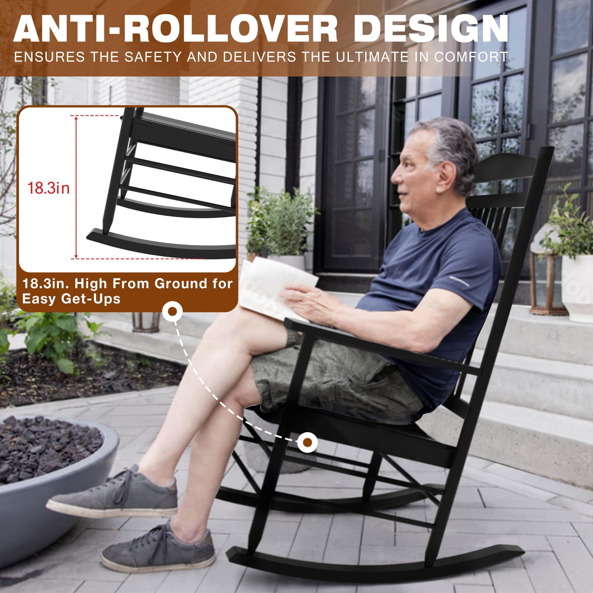MUPATER 3-Piece Outdoor Rocking Chair Set with Bistro Table - Patio Wooden Rocker & 2 Chairs, Foldable Table & Curved Seat, Black - Perfect for Garden, Porch, Backyard & Balcony Relaxation