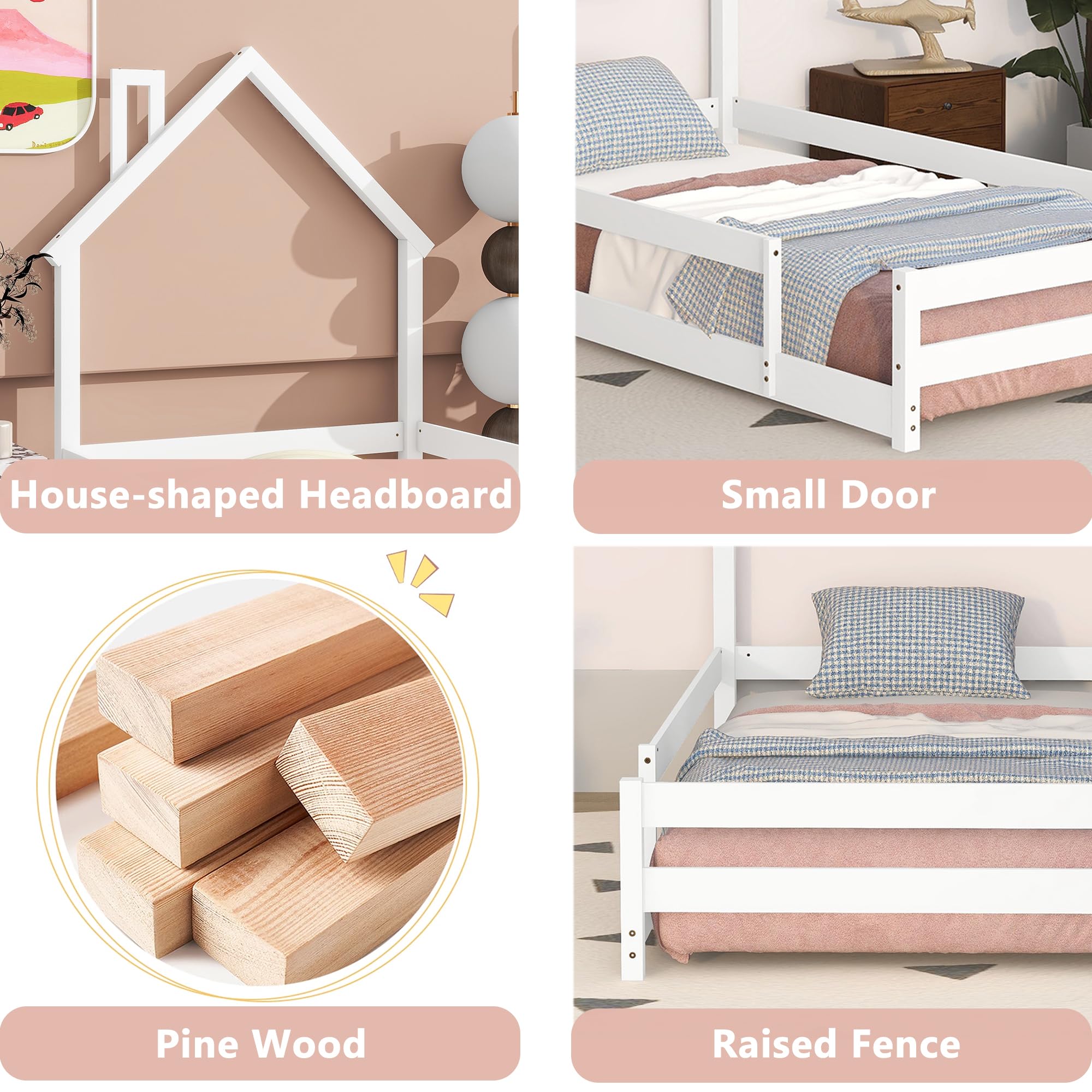 Bellemave Twin Size House-Shaped Headboard Floor Bed with Safety Fences - Solid Wood Montessori Bed for Kids, Toddlers & Teens - Playful House Bed Frame for Girls & Boys (White) - Perfect for Bedrooms, Playrooms & Montessori Learning Spaces