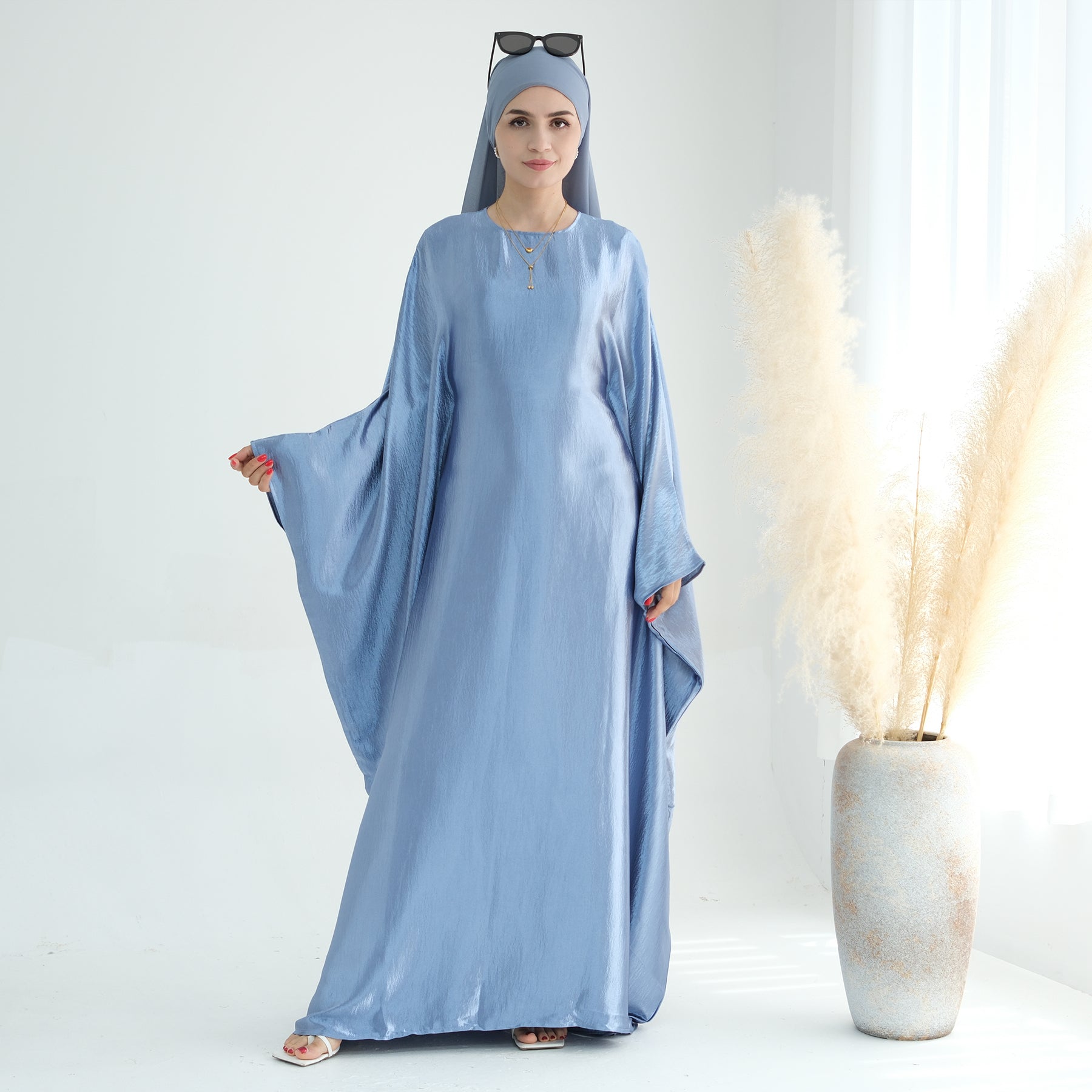 Elegant Blue Butterfly Satin Abaya Dress for Women - Modest Islamic Prayer Dress & Special Occasion Wear