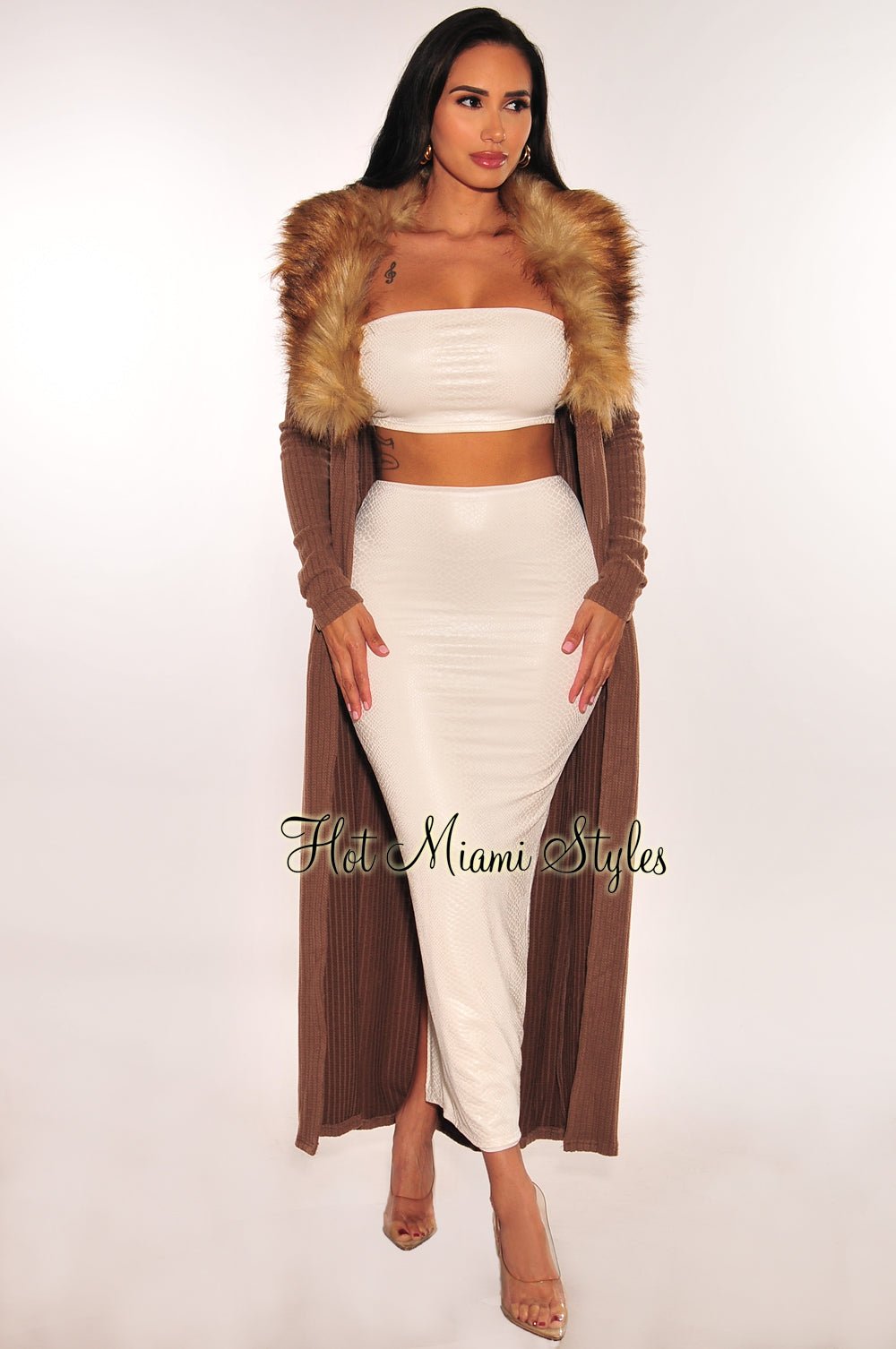 Chocolate Brown Ribbed Knit Faux Fur Collar Long Sleeve Duster Coat for Women | Winter Fashion Outerwear | Perfect for Holiday Parties & Casual Outings
