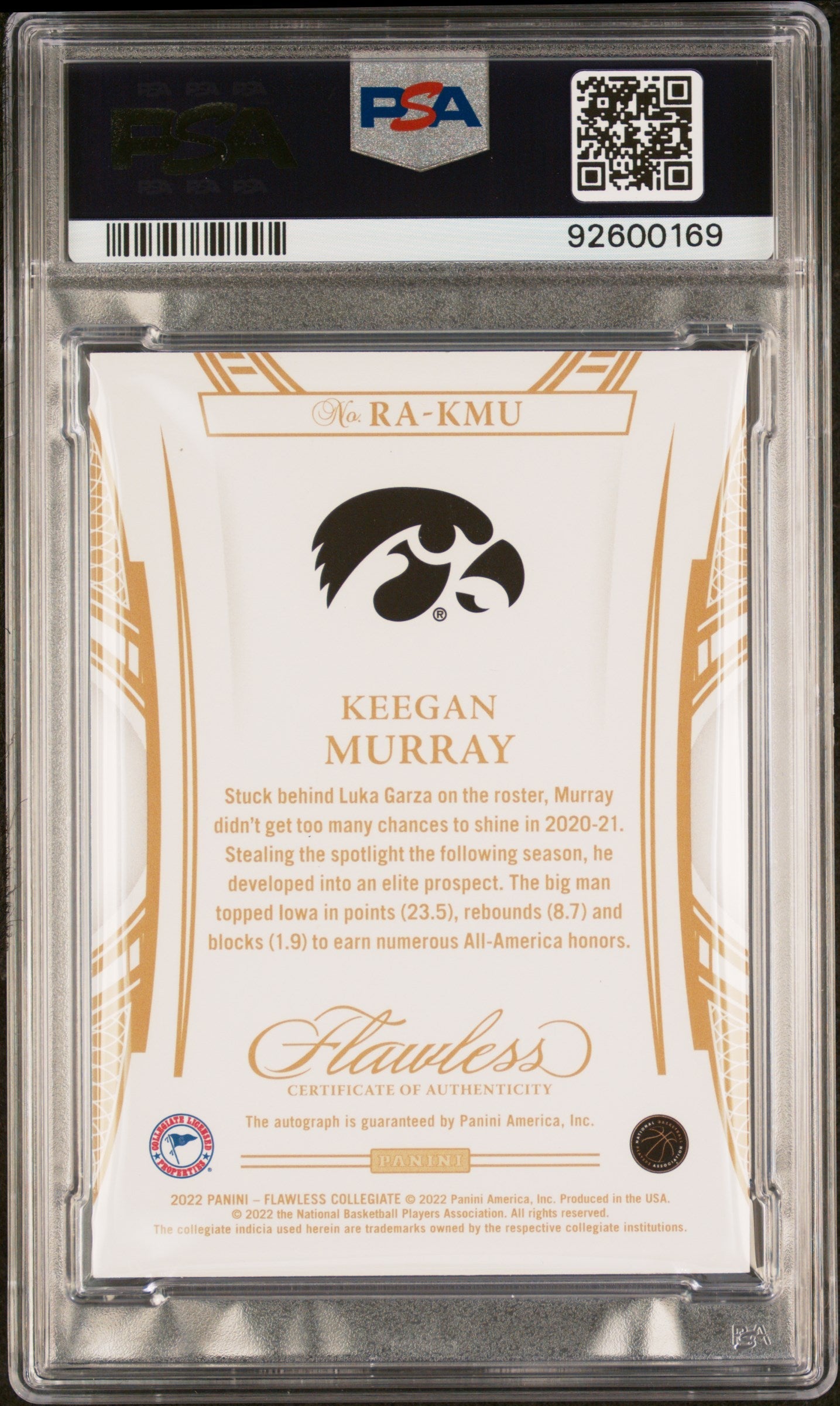 2022 Panini Flawless Collegiate Basketball Rookie Autograph Card - Keegan Murray PSA 10 Gem Mint 13/25 - Rare Collectible for Sports Memorabilia Fans & Card Investors