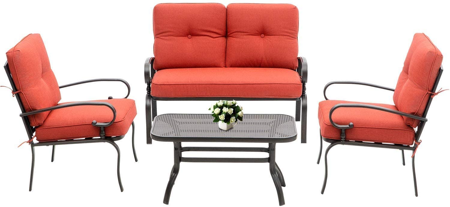 Outdoor Patio Conversation Set - 2 Chairs, Loveseat & Coffee Table with Cushions, Wrought Iron Look Metal Furniture for Garden, Lawn, Front Porch (Red) - Perfect for Backyard Relaxation & Outdoor Entertaining