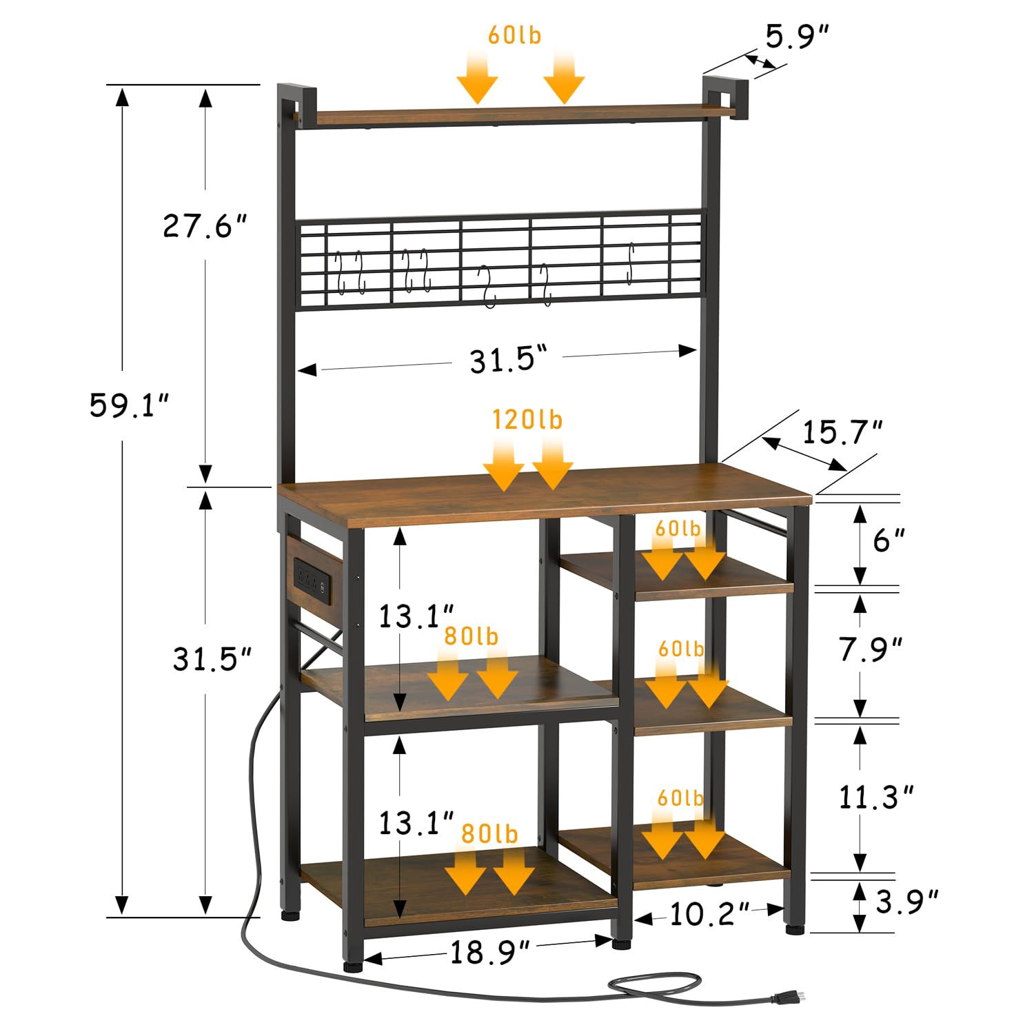 5-Tier Large Bakers Rack with Power Outlet & Storage - Rustic Brown Kitchen Organizer with Shelves, 7 Hooks & Coffee Bar Station - Perfect for Microwave Stand, Pantry Storage & Small Appliance Organization in Home Kitchen