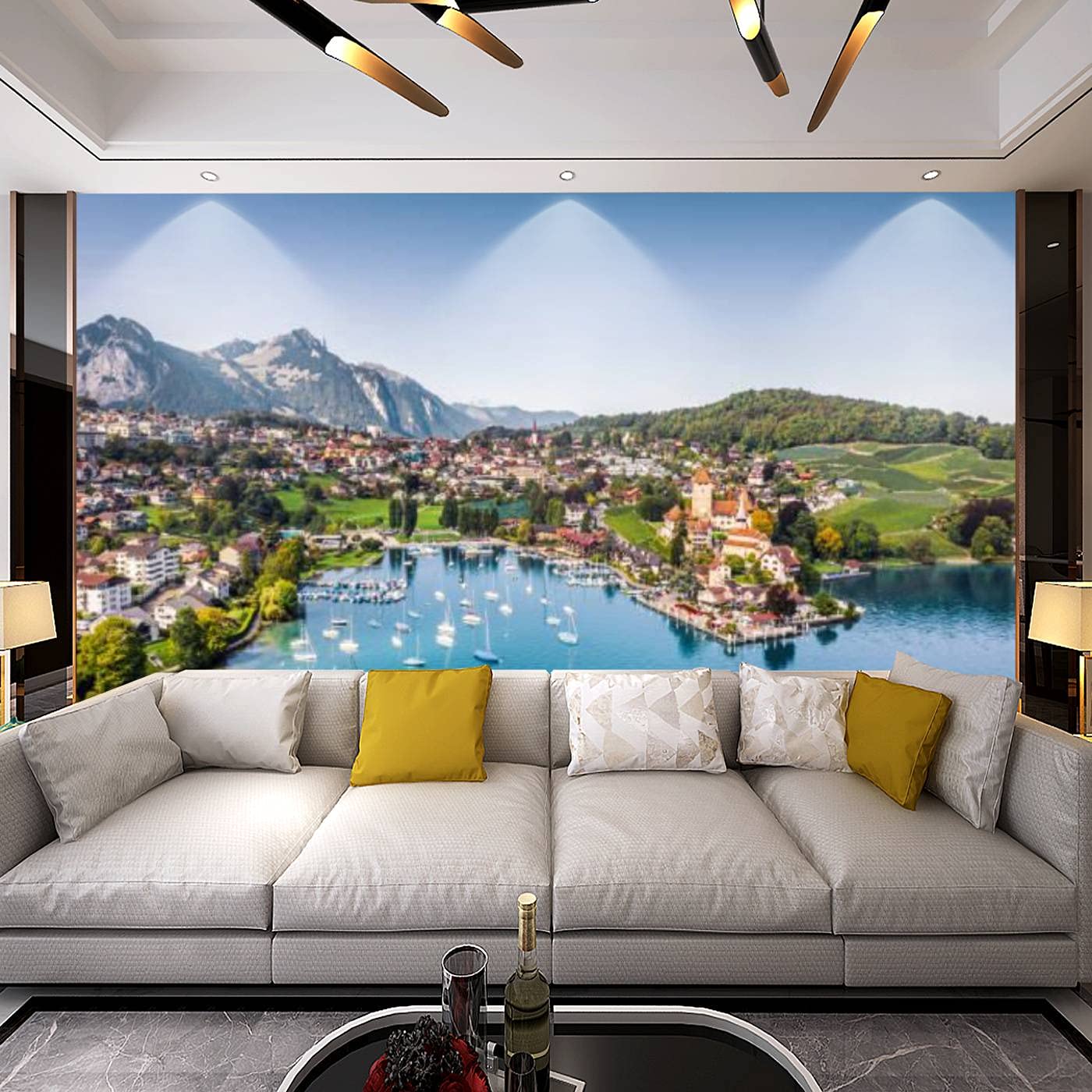 Modern 3D Spiez Castle Wall Mural - Removable Peel & Stick Wallpaper for Living Room, Bedroom, TV Background - Swiss Lake Thun Scenery in Canton Bern - Perfect for Home Decor, Nursery, Office & Rental Spaces