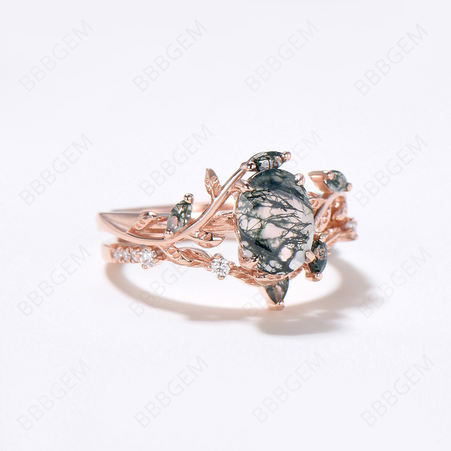 Vintage Oval Cut Green Moss Agate Engagement Ring - Rose Gold Art Deco Cluster Leaf Design, Nature Inspired Bridal Wedding Ring Set for Women | Perfect for Proposals, Anniversaries & Boho Chic Style
