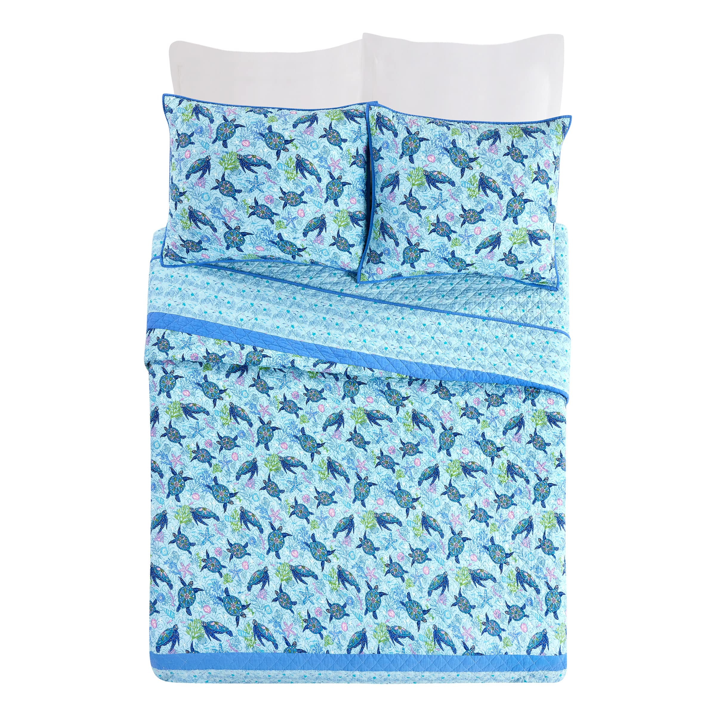 Vera Bradley Turtle Dream Reversible Quilt Set - Full/Queen Size Blue Floral Bedding - Perfect for Guest Rooms, Dorm Decor & Cozy Bedroom Makeovers