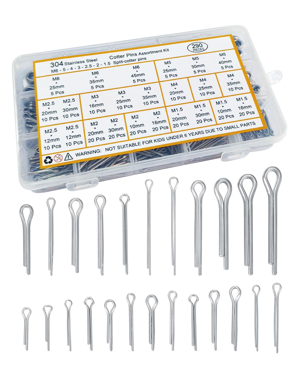 304 Stainless Steel Cotter Pins Kit - 290 Pcs 24 Sizes for Automotive & Machinery