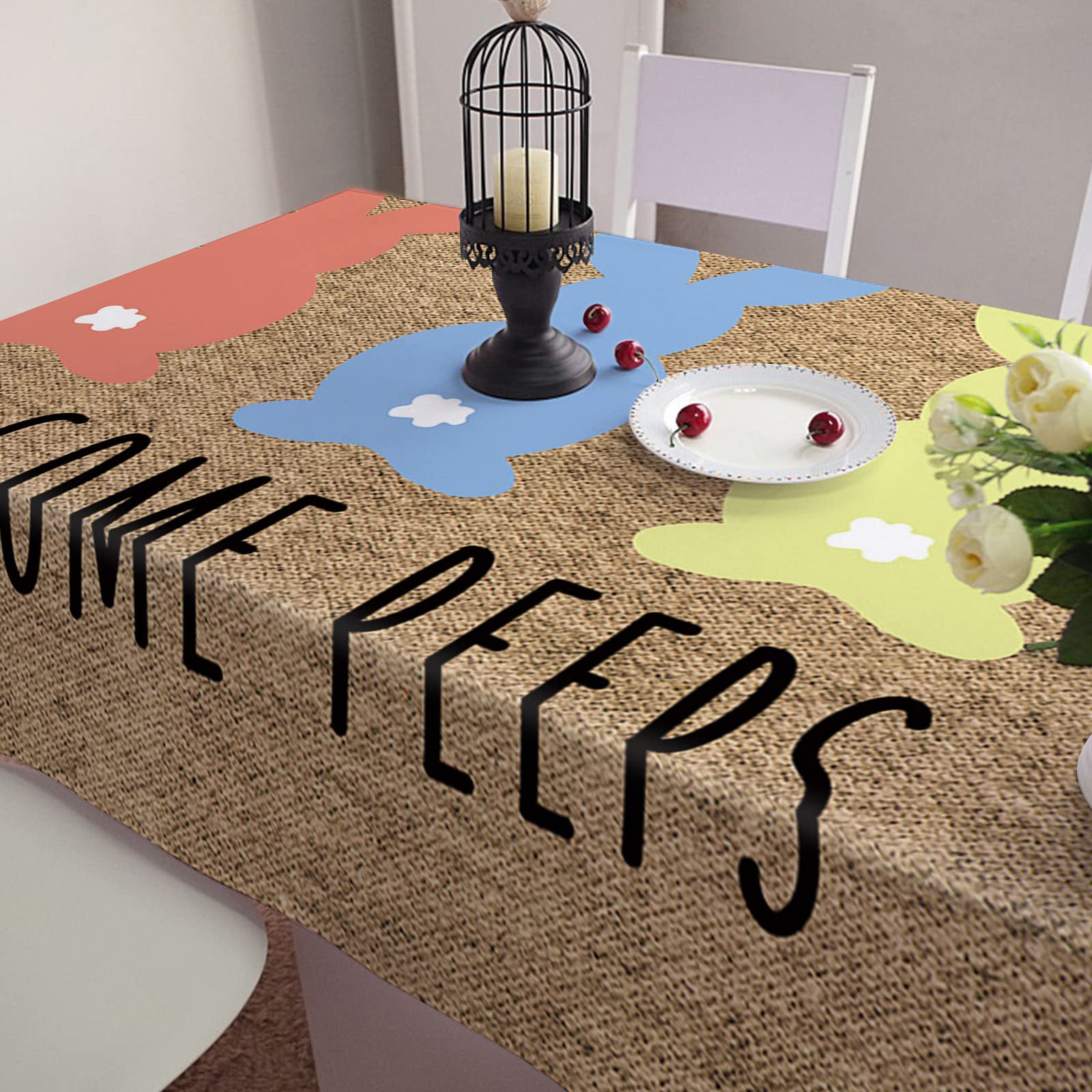 Easter Tablecloth Rectangle - Cotton Linen Table Cover with Retro Peeps & Rabbits Design for Dining Table, Kitchen, Coffee Table - 60x104 Inch - Perfect for Easter Decor, Wedding, Birthday Party & Holiday Dining