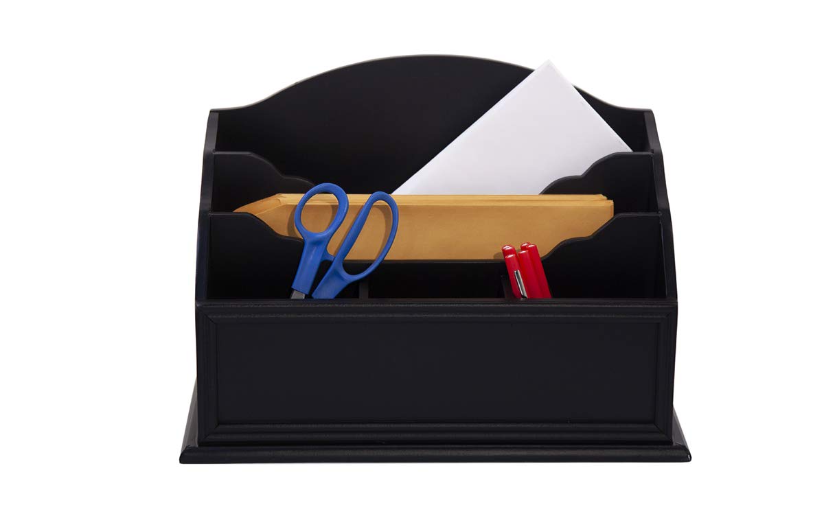Premium Black Wooden Desktop Letter Holder - 5-Slot Mail & Stationery Organizer - High Quality Wooden Desk Organizer for Pens, Pencils, Bills - Perfect for Home Office, School & Workspace Organization