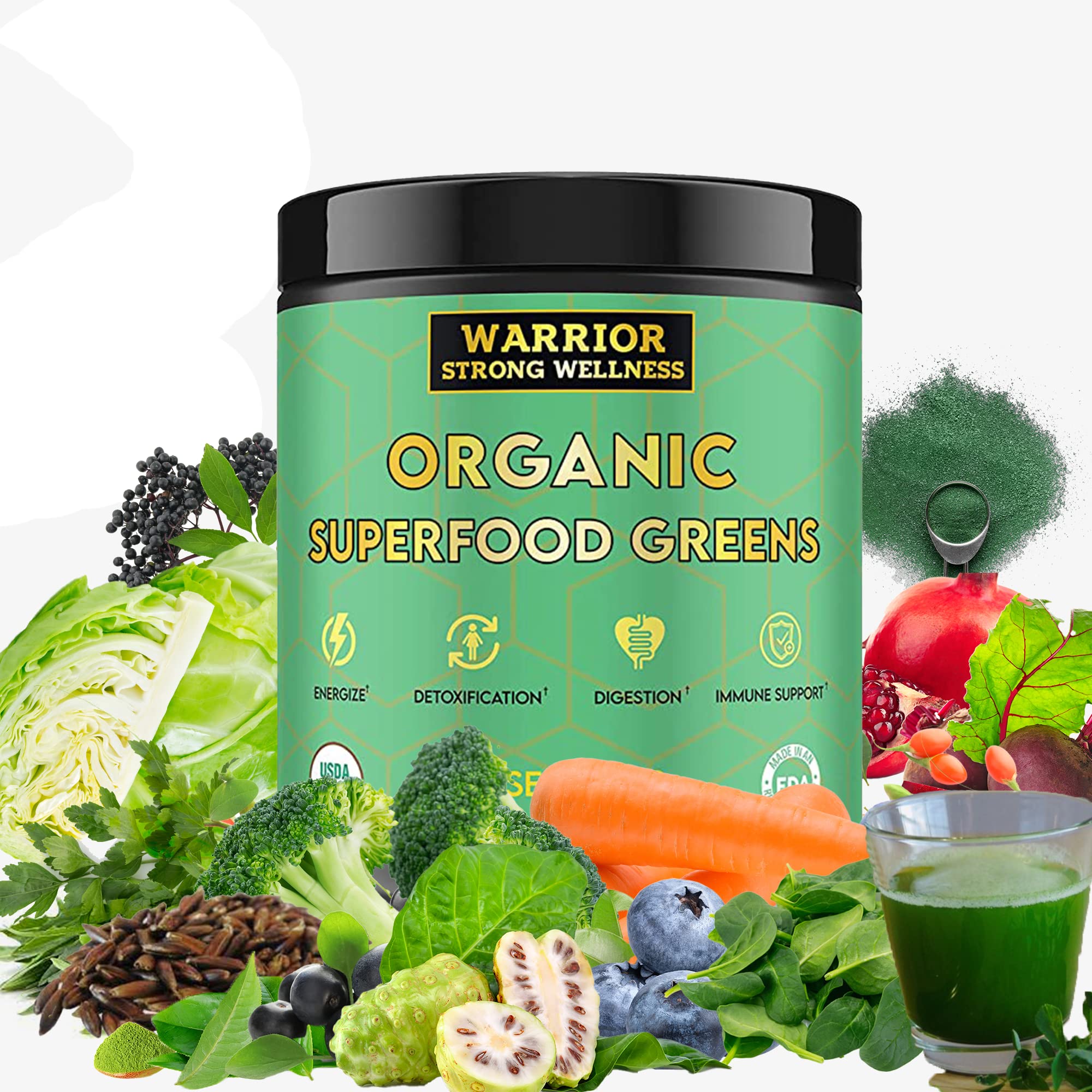 Certified Organic Greens Powder - 30 Servings - Superfood Supplement with Spirulina, Wheatgrass & Kale - Energy Boosting Detox Drink - Vegan Fruit & Vegetable Powder with Apple Cider Vinegar & Green Tea Extract - Perfect for Smoothies, Juices & Post-Workout Recovery