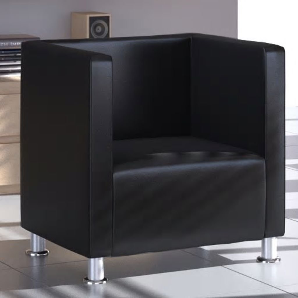 EstaHome Modern Cube Armchair with Sturdy Metal Legs - Black Faux Leather Club Chair 27.2