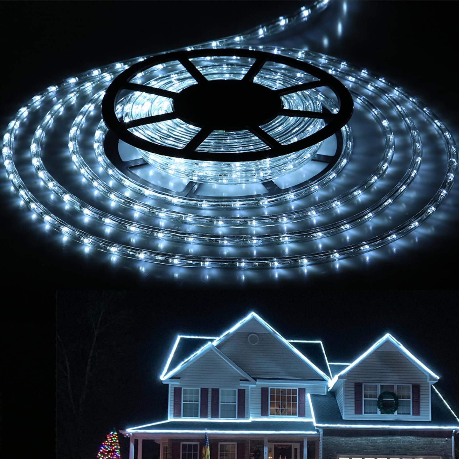 100ft Waterproof LED Rope Lights for Outdoor & Indoor Use - 110V Cold White String Lights for Eaves, Backyards, Garden, Deck & Christmas Decorations - Perfect for Patio Lighting, Holiday Displays & Landscape Accents
