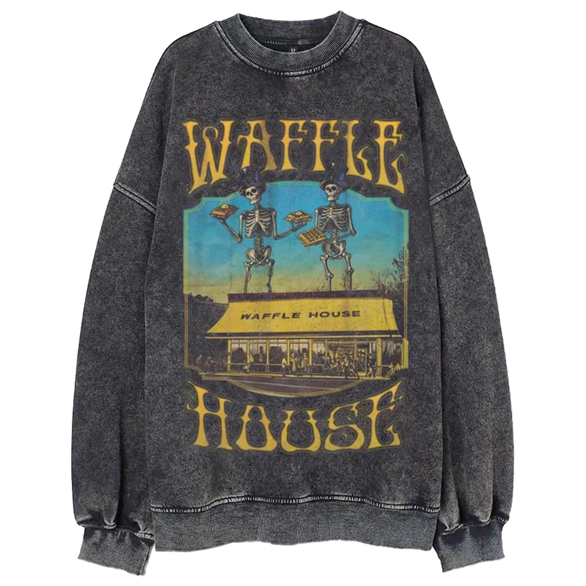 Bellelement Vintage Oversized Waffle Knit Sweatshirt - Acid Wash Long Sleeve Unisex Pullover for Casual Wear, Street Style & Loungewear
