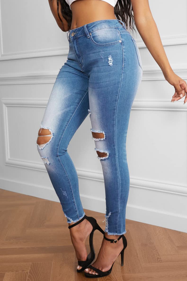 Women's Retro Stretch Skinny Ripped Jeans - Distressed High Waist Slim Fit Destroyed Hole Denim Pants for Casual Wear & Street Fashion