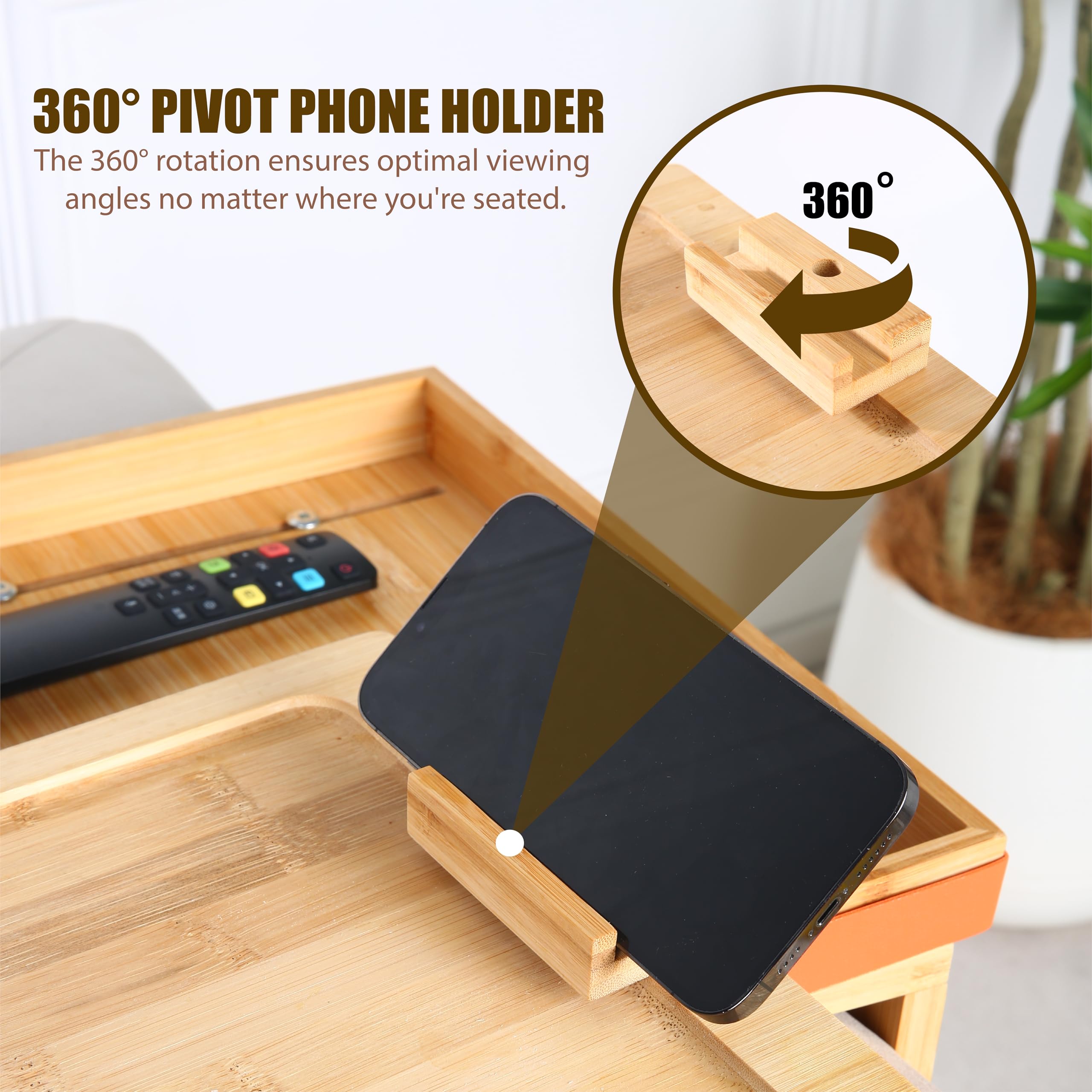Premium Bamboo Couch Arm Table Tray with 360° Phone Holder - Non-Slip Clip-On Sofa Tray for Remote, Snacks & Drinks (4 Legs) - Perfect for Living Room, Bedroom & Home Theater Relaxation