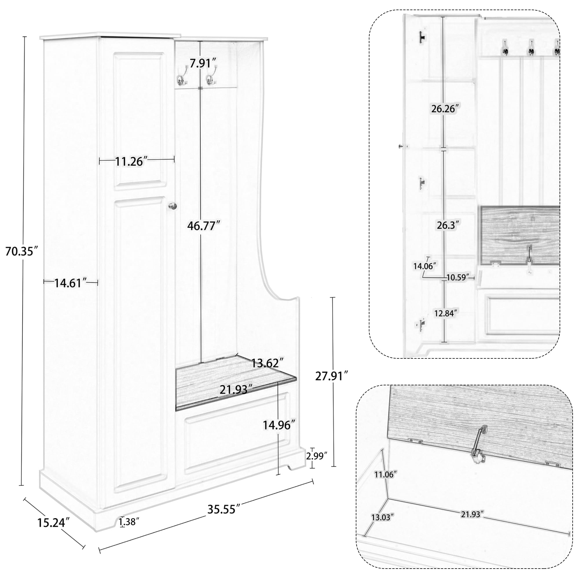 Multifunctional Hall Tree with Bench, Shoe Storage & Coat Rack - 3-in-1 Entryway Organizer with Flip-Up Storage & Adjustable Shelves, White Wooden Tall Cabinet - Perfect for Small Spaces, Apartments & Home Entryway Organization