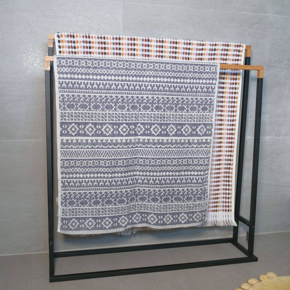 Limited Edition Bamboo and Matte Black Wide Towel Rack - Bathroom & Kitchen Storage Organizer for Sponges, Towels, and Utensils