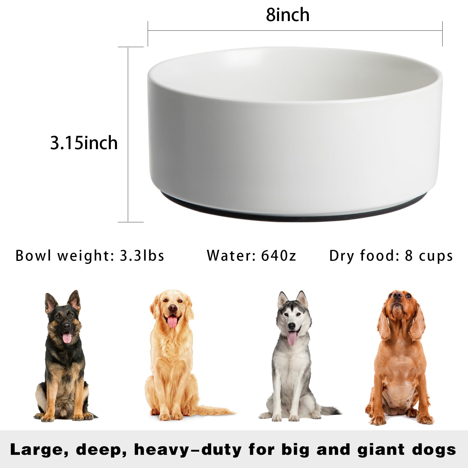 Non-Slip Ceramic Dog Bowl with Silicone Base - 8 Inch Large Spill-Proof Pet Food and Water Dish for Medium & Large Breed Dogs - Microwave Safe White Dog Feeder - Perfect for Messy Eaters and Active Pets at Home or Travel