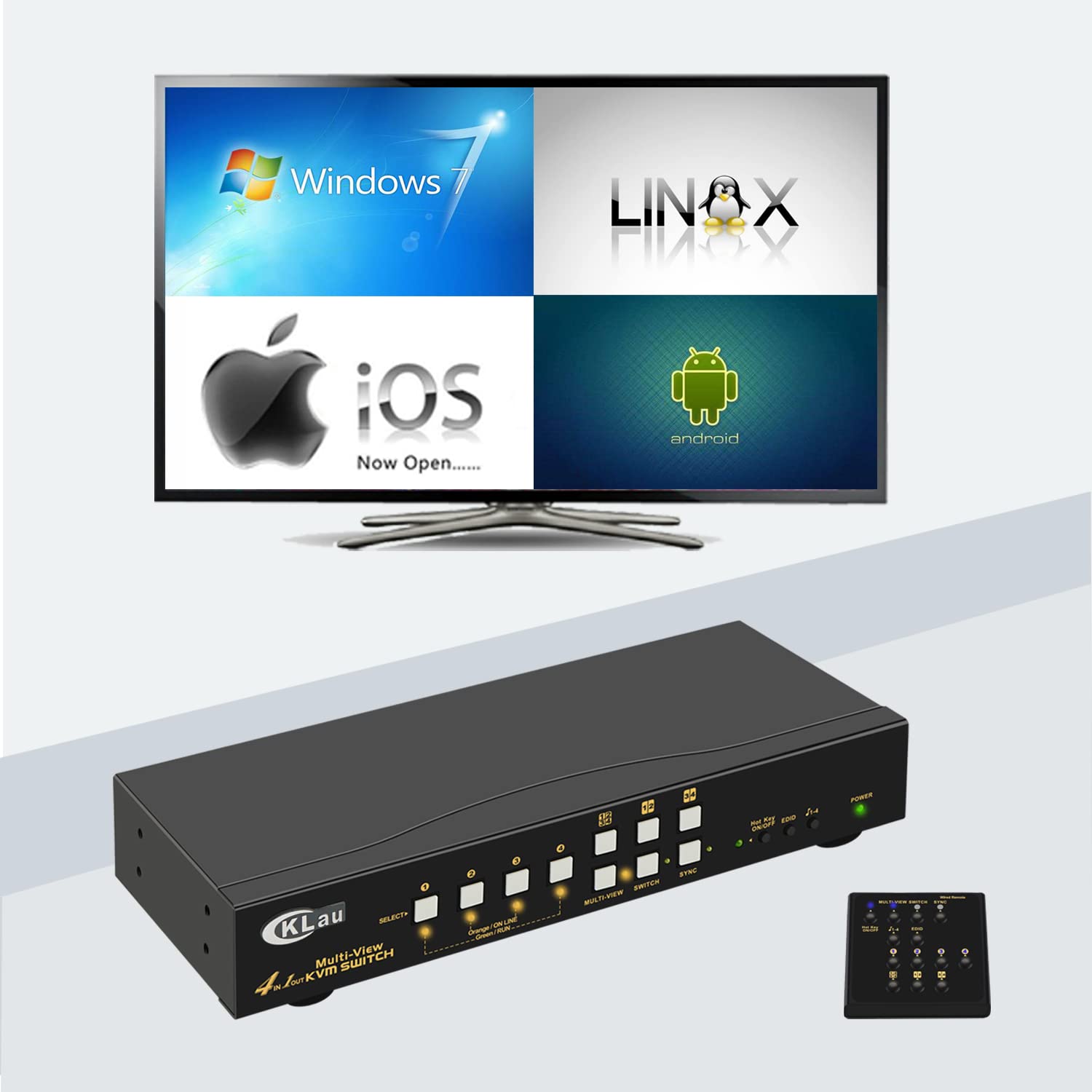 CKLau 4K HDMI KVM Switch 4 Port with USB 2.0 Hub & Audio Support - Multi-View Quad Screen Display up to 7 Modes for Home Office, Gaming & Video Editing (Includes Cables)