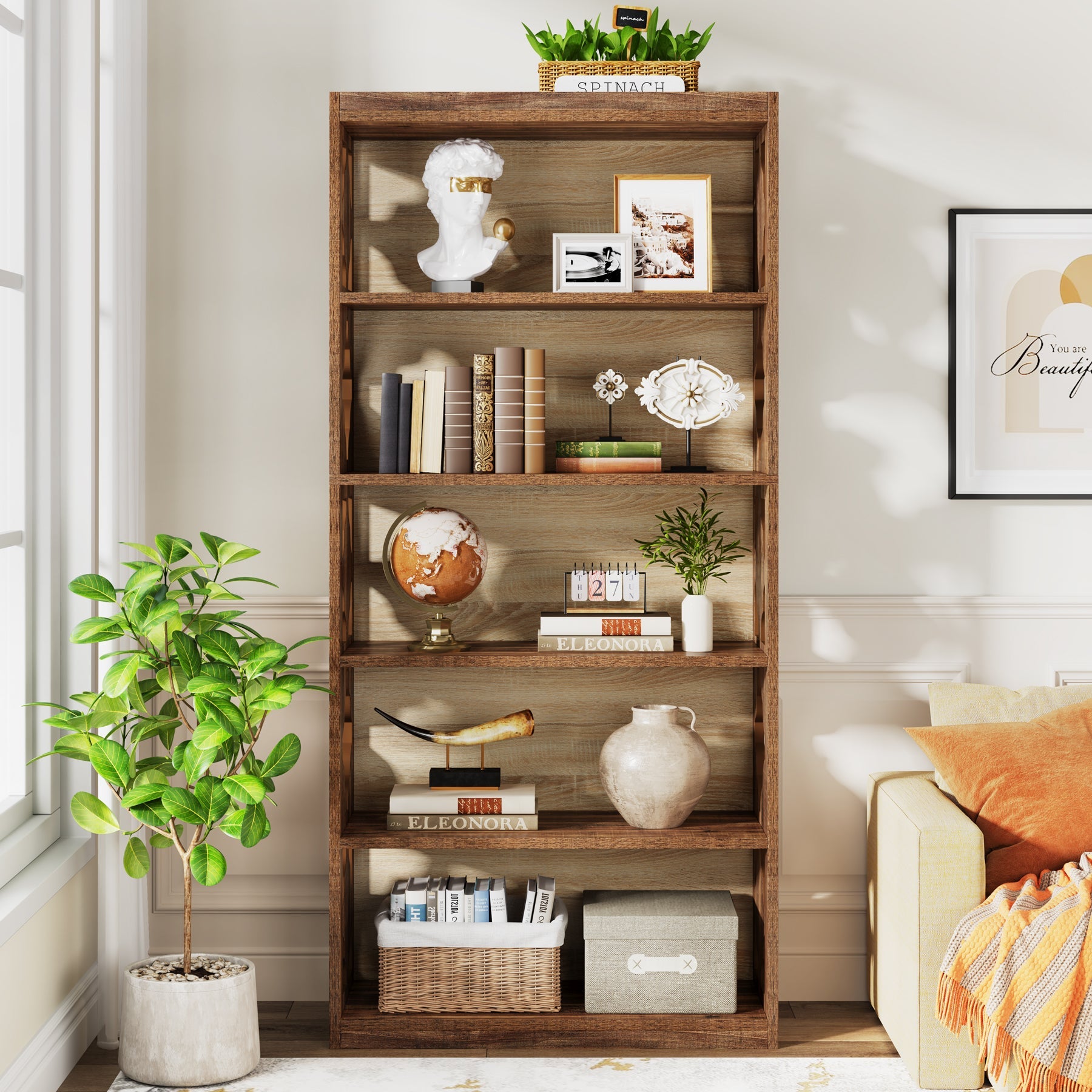 6 Tier Bookshelf, 70 Inch Tall Wood Bookcase with Storage Shelves - Perfect for Living Room, Office, Bedroom & Home Library Organization
