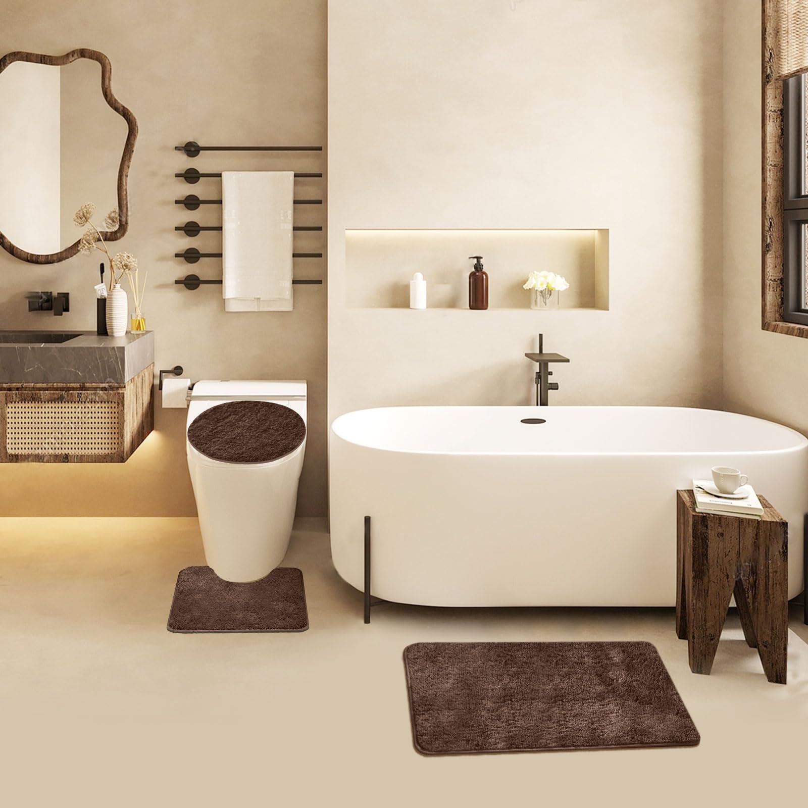 Non-Slip 3-Piece Bathroom Rug Set - Soft Absorbent Bath Mats with U-Shaped Toilet Mat & Lid Cover for Tub, Shower (Brown) | Perfect for Modern Bathrooms & Spa-Like Comfort